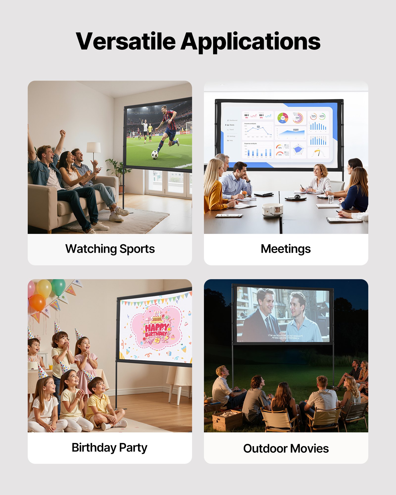 VEVOR Projector Screen with Stand, 80 Inch 160° Wide Angle Indoor Outdoor Projection Screen, 16:9 4K HD Wrinkleless Portable Dual-Stand Screens with Carry Bag, for Movie Home Theater Presentation