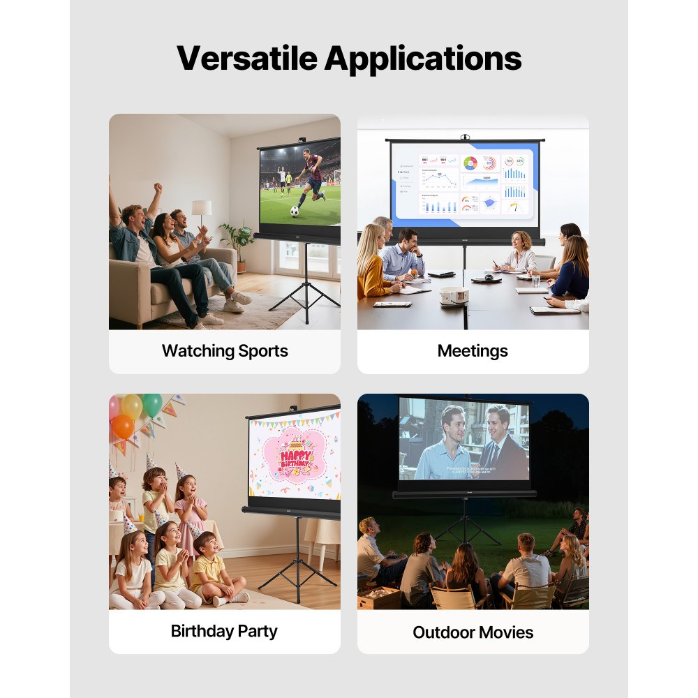 VEVOR Projector Screen with Stand, 60 Inch 160° Wide Angle Indoor Outdoor Projection Screen, 16:9 4K HD Wrinkleless Portable Tripod Screens with Carry Bag, for Movie Home Theater Office Presentation