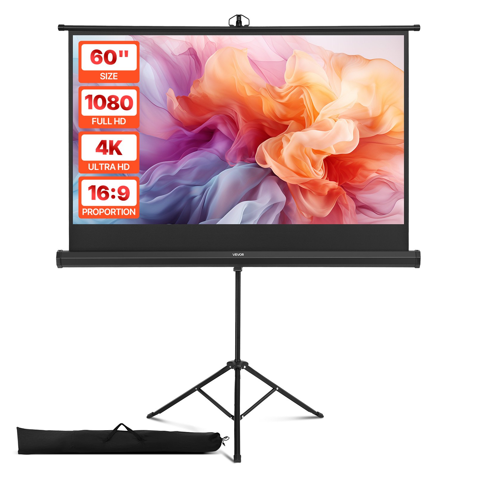 VEVOR Projector Screen with Stand, 60 Inch 160° Wide Angle Indoor Outdoor Projection Screen, 16:9 4K HD Wrinkleless Portable Tripod Screens with Carry Bag, for Movie Home Theater Office Presentation