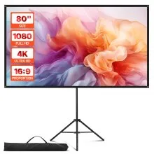 Tripod Projector Screen with Stand 80 Inch 160° Wide Angle 4K HD 16:9 Screen