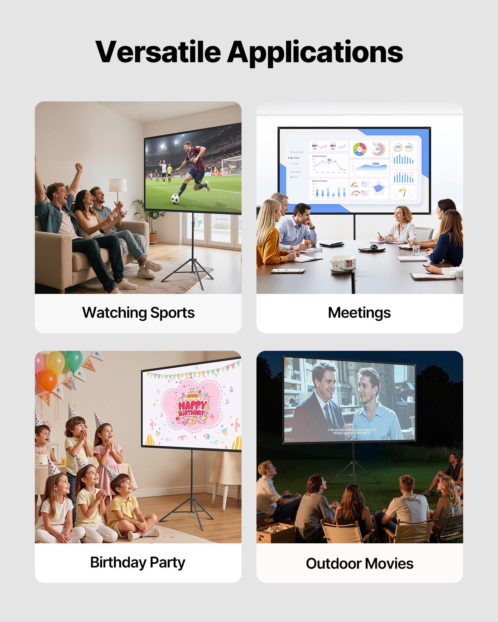 VEVOR Projector Screen with Stand, 80 Inch 160° Wide Angle Indoor Outdoor Projection Screen, 16:9 4K HD Wrinkleless Portable Tripod Screens with Carry Bag, for Movie Home Theater Office Presentation