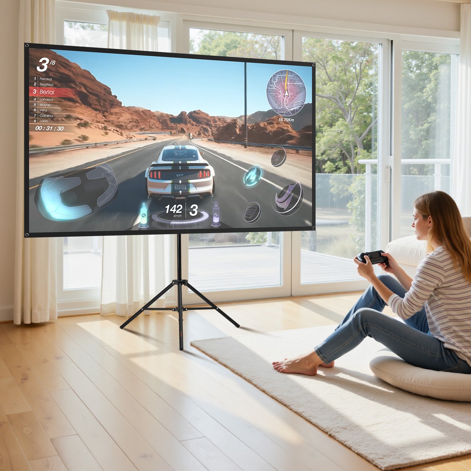 VEVOR Projector Screen with Stand, 80 Inch 160° Wide Angle Indoor Outdoor Projection Screen, 16:9 4K HD Wrinkleless Portable Tripod Screens with Carry Bag, for Movie Home Theater Office Presentation