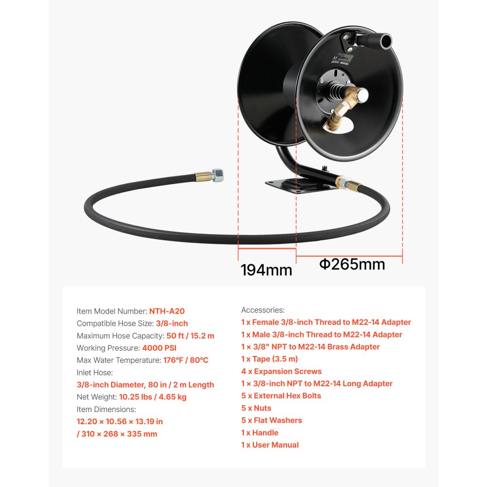 VEVOR Pressure Washer Hose Reel, 15.2 m x 9.5 mm Heavy-Duty Steel Bracket-Mounted Pressure Hose Reel, Wall/Floor/Truck Mount, 4000PSI Max, Manual Power Hand Crank for Water, with Grip Handle