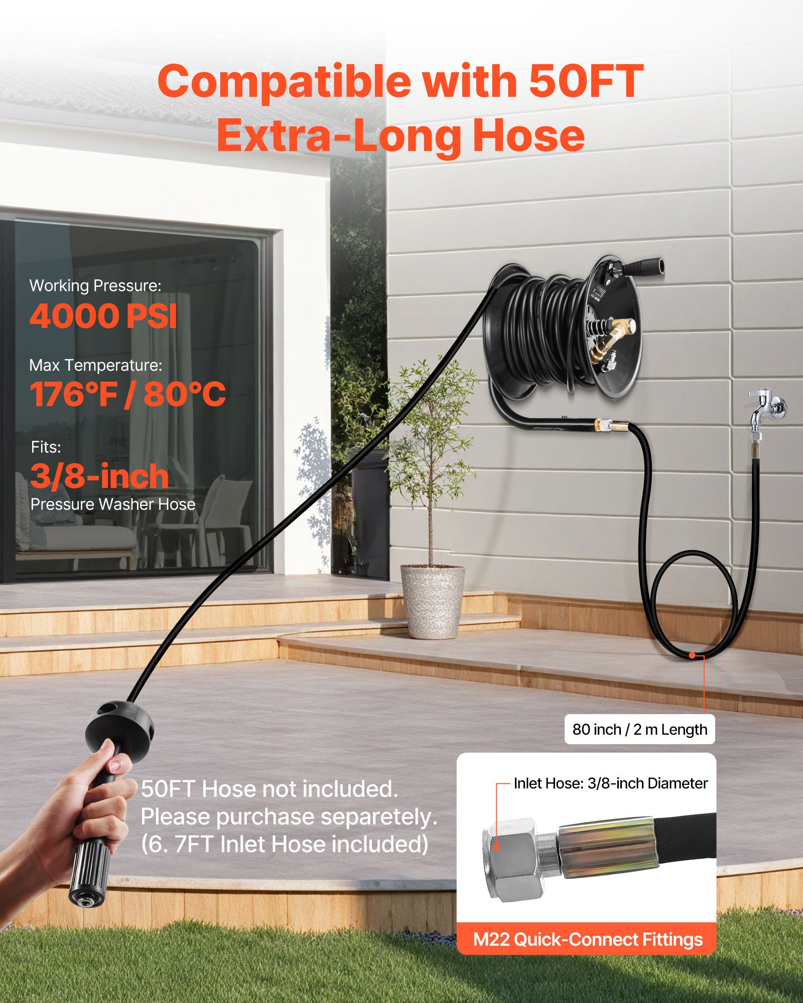 VEVOR Pressure Washer Hose Reel, 15.2 m x 9.5 mm Heavy-Duty Steel Bracket-Mounted Pressure Hose Reel, Wall/Floor/Truck Mount, 4000PSI Max, Manual Power Hand Crank for Water, with Grip Handle