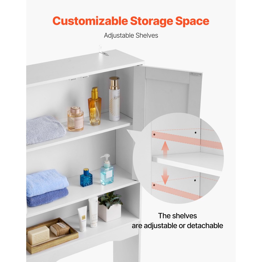 VEVOR Over The Toilet Storage Cabinet, 65 in Height Bathroom Storage Organizer with Double Door and Adjustable Shelf, Bathroom Space Saver Organizer Above Toilet with Open Shelf, White