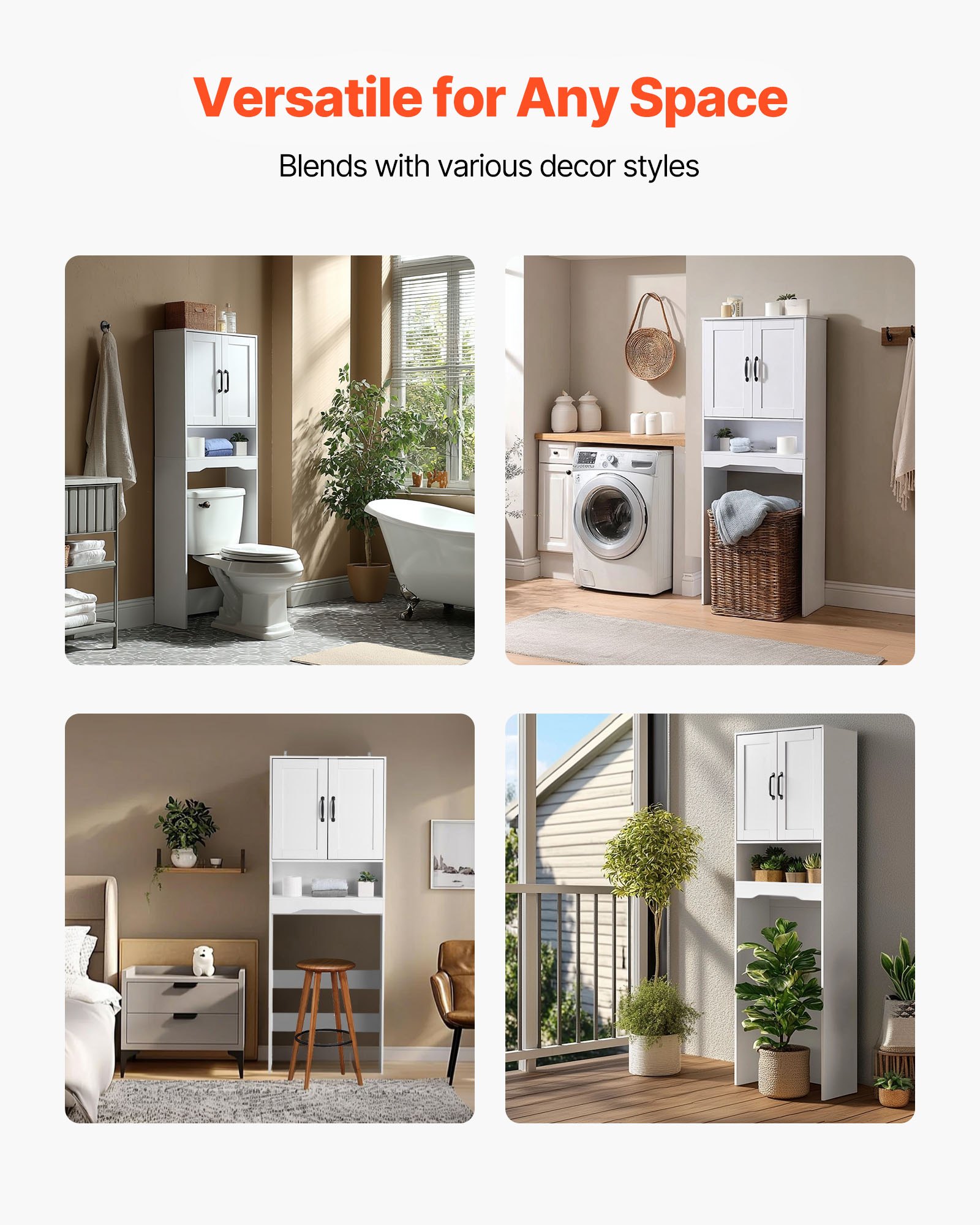 VEVOR Over The Toilet Storage Cabinet, 165.1 cm Height Bathroom Storage Organizer with Double Door and Adjustable Shelf, Bathroom Space Saver Organizer Above Toilet with Open Shelf, White