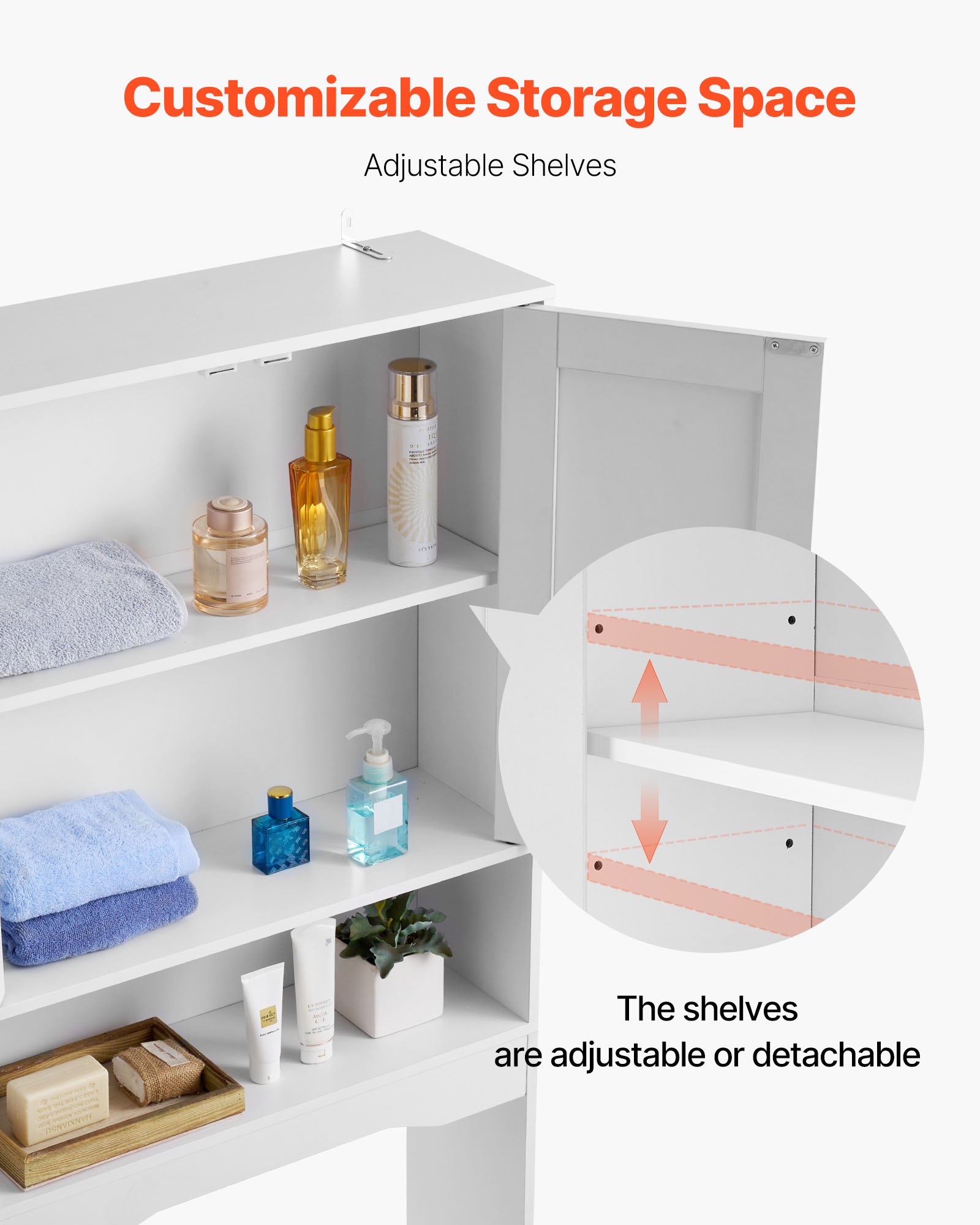 VEVOR Over The Toilet Storage Cabinet, 65 in Height Bathroom Storage Organizer with Double Door and Adjustable Shelf, Bathroom Space Saver Organizer Above Toilet with Open Shelf, White