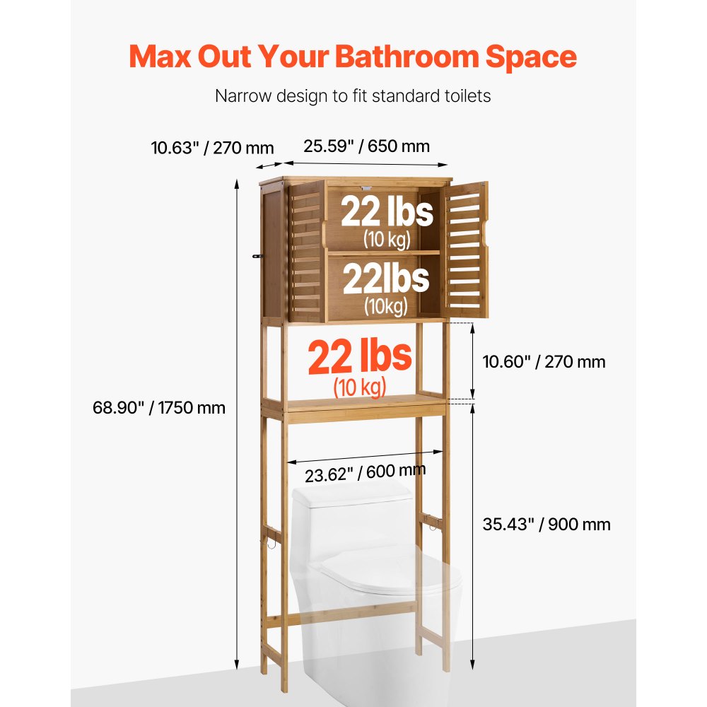 VEVOR Bamboo Over The Toilet Storage Cabinet, 68.9 in Height Bathroom Storage Organizer with Double Door & Inner Adjustable Shelf, Bathroom Space Saver Organizer Above Toilet with Open Shelf, Natural