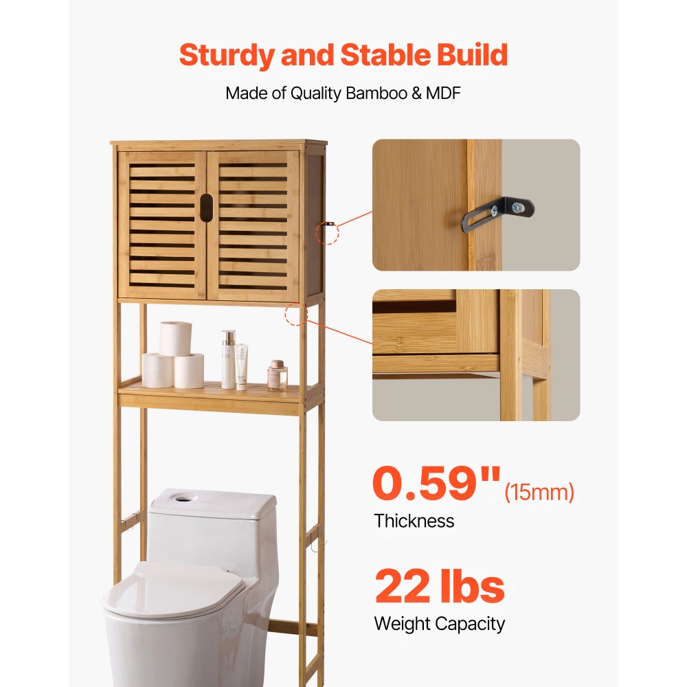 VEVOR Bamboo Over The Toilet Storage Cabinet, 68.9 in Height Bathroom Storage Organizer with Double Door & Inner Adjustable Shelf, Bathroom Space Saver Organizer Above Toilet with Open Shelf, Natural