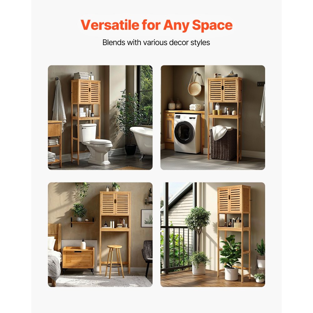VEVOR Bamboo Over The Toilet Storage Cabinet, 68.9 in Height Bathroom Storage Organizer with Double Door & Inner Adjustable Shelf, Bathroom Space Saver Organizer Above Toilet with Open Shelf, Natural
