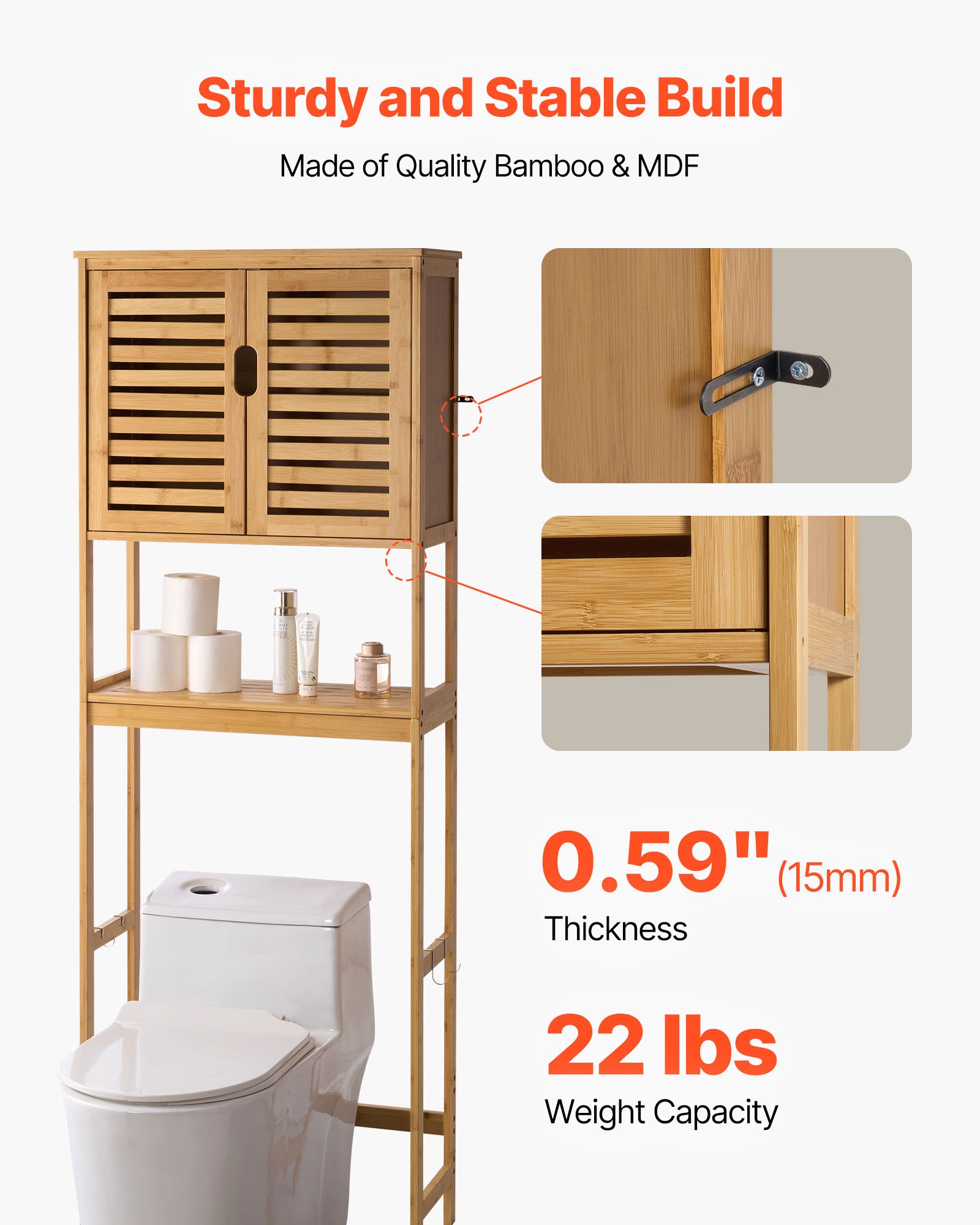 VEVOR Bamboo Over The Toilet Storage Cabinet, 68.9 in Height Bathroom Storage Organizer with Double Door & Inner Adjustable Shelf, Bathroom Space Saver Organizer Above Toilet with Open Shelf, Natural