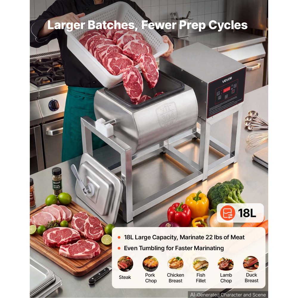 VEVOR Commercial Meat Tumbler Marinator, 18L Tumbling Marinating Machine, for Chicken Steak Pork Restaurant, Stainless Steel Vacuum Curing Machine, with Bidirectional Rotation and Smart Control Panel
