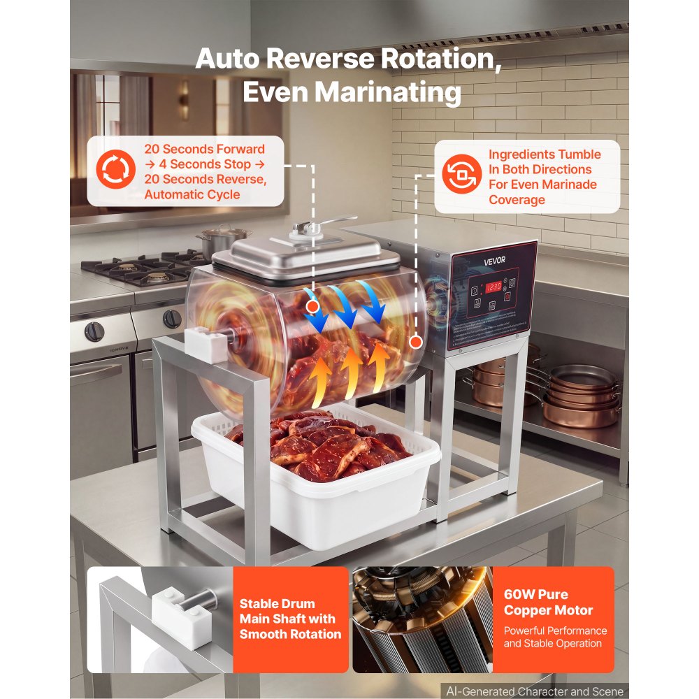 VEVOR Commercial Meat Tumbler Marinator, 18L Tumbling Marinating Machine, for Chicken Steak Pork Restaurant, Stainless Steel Vacuum Curing Machine, with Bidirectional Rotation and Smart Control Panel