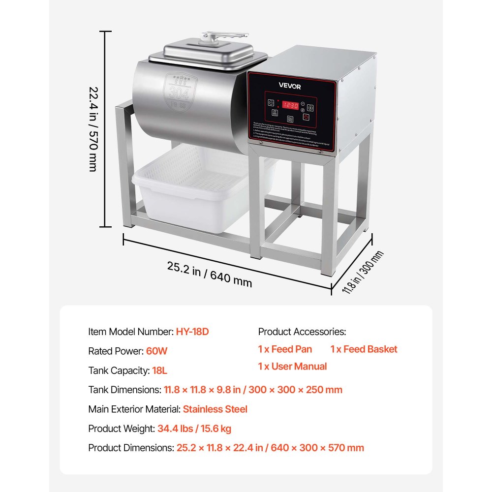 VEVOR Commercial Meat Tumbler Marinator, 18L Tumbling Marinating Machine, for Chicken Steak Pork Restaurant, Stainless Steel Vacuum Curing Machine, with Bidirectional Rotation and Smart Control Panel