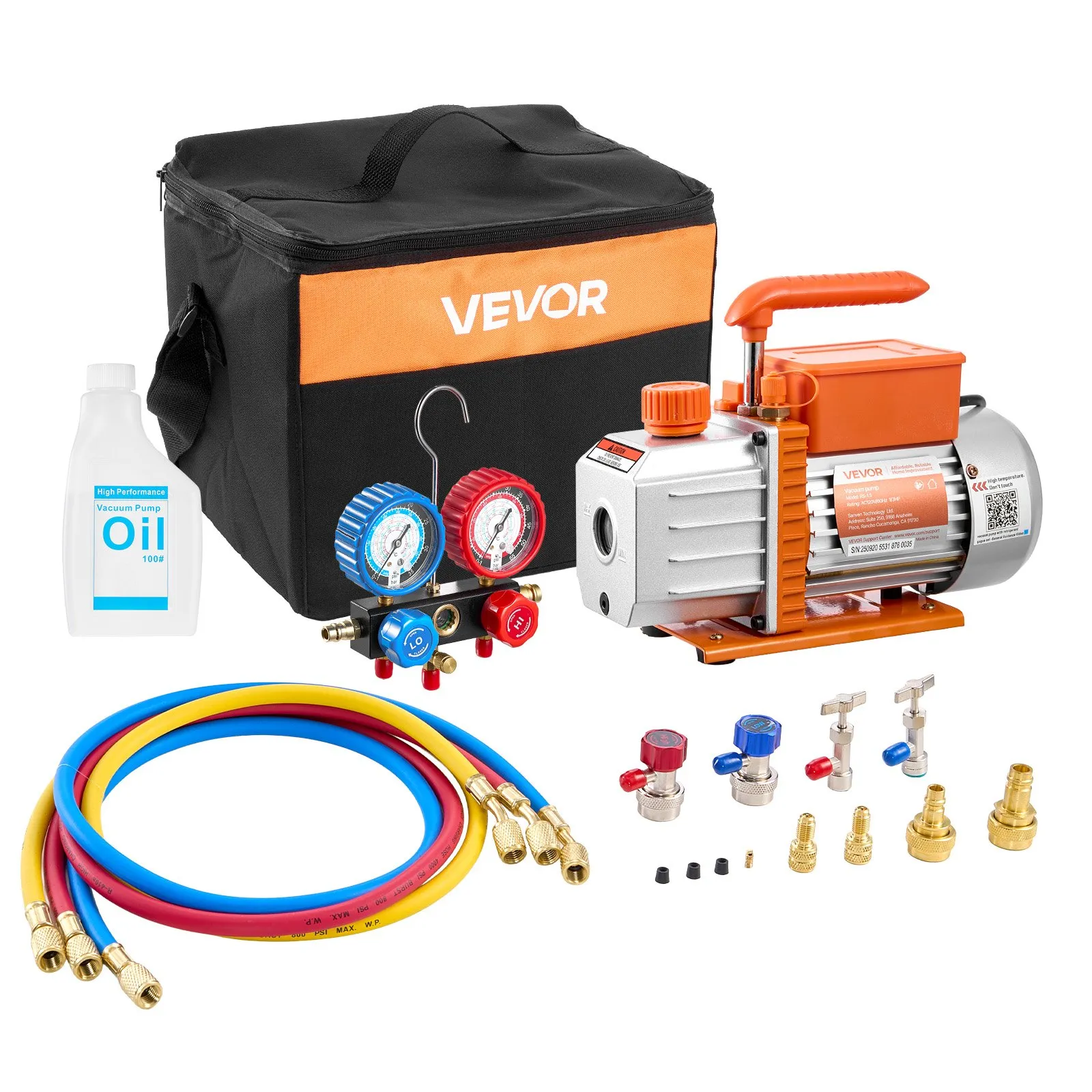 VEVOR AC Vacuum Pump and Gauge Set, 4.5 CFM 1/3 HP, Single Stage Rotary Vane HVAC Vacuum Pump, A/C Manifold Gauge Kit, for R134a R22 R410a R1234YF R32, with Carry Bag, for Auto HVAC Air Conditioning