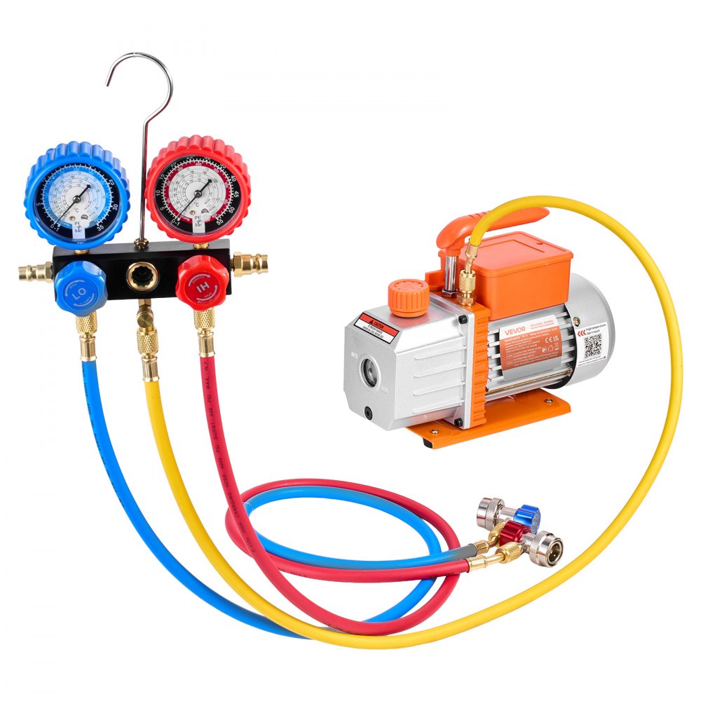 VEVOR AC Vacuum Pump and Gauge Set, 4.5 CFM 127 L/min, Single Stage Rotary Vane HVAC Vacuum Pump, Manifold Gauge Kit, for R134a R22 R410a R1234YF R32, with Carry Bag, for Auto HVAC Air Conditioning