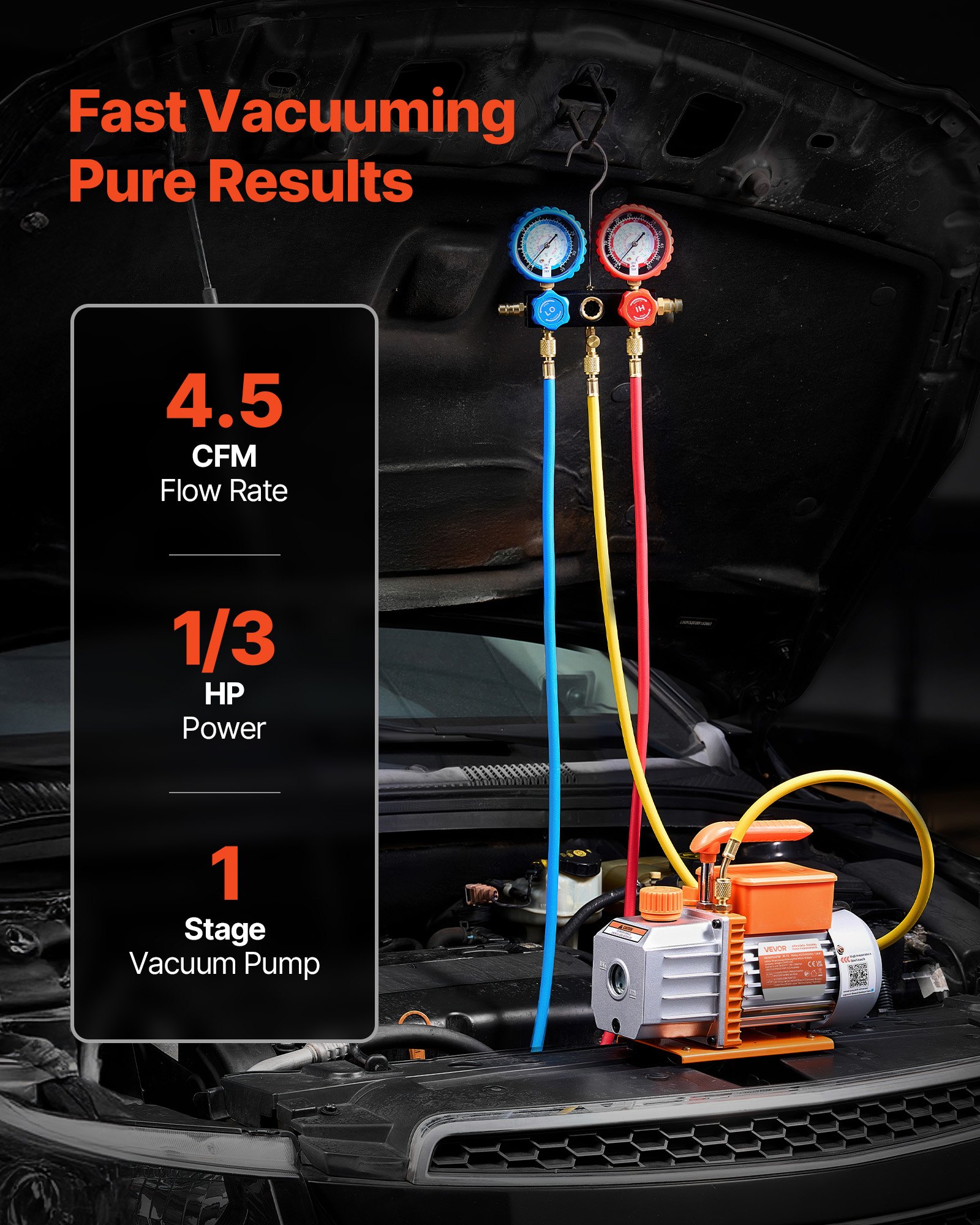 VEVOR AC Vacuum Pump and Gauge Set, 4.5 CFM 127 L/min, Single Stage Rotary Vane HVAC Vacuum Pump, Manifold Gauge Kit, for R134a R22 R410a R1234YF R32, with Carry Bag, for Auto HVAC Air Conditioning