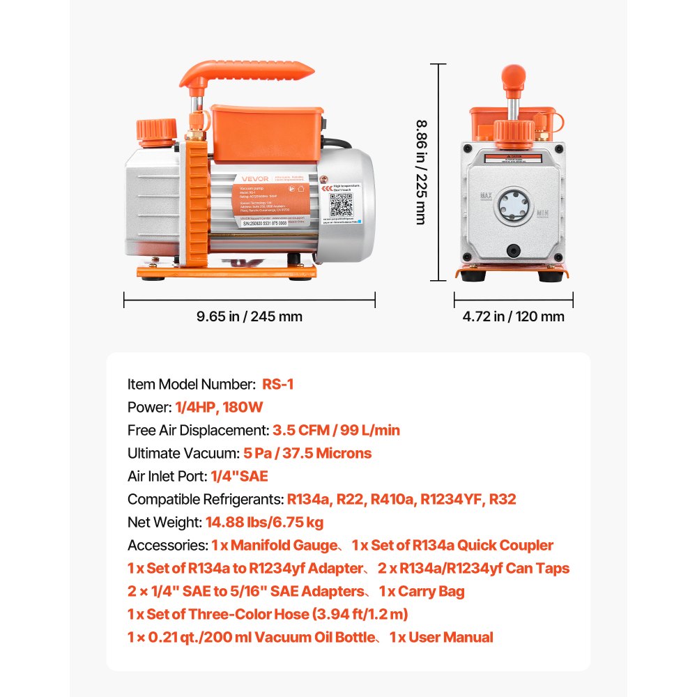 VEVOR AC Vacuum Pump and Gauge Set, 3.5 CFM 1/4 HP, Single Stage Rotary Vane HVAC Vacuum Pump, A/C Manifold Gauge Kit, for R134a R22 R410a R1234YF R32, with Carry Bag, for Auto HVAC Air Conditioning