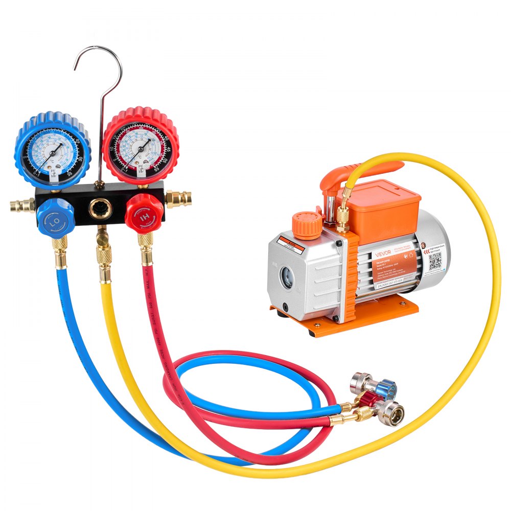 VEVOR AC Vacuum Pump and Gauge Set, 3.5 CFM 1/4 HP, Single Stage Rotary Vane HVAC Vacuum Pump, A/C Manifold Gauge Kit, for R134a R22 R410a R1234YF R32, with Carry Bag, for Auto HVAC Air Conditioning