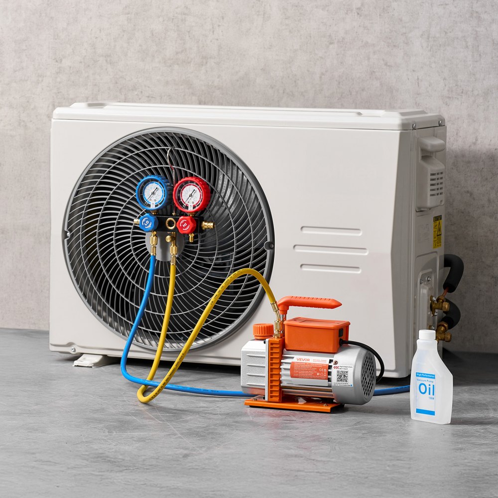 VEVOR AC Vacuum Pump and Gauge Set, 3.5 CFM 99 L/min, Single Stage Rotary Vane HVAC Vacuum Pump, A/C Manifold Gauge Kit, for R134a R22 R410a R1234YF R32, with Carry Bag, for Auto HVAC Air Conditioning