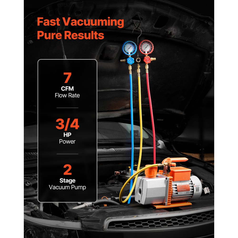 VEVOR AC Vacuum Pump and Gauge Set, 7 CFM 3/4 HP, Two Stage Rotary Vane HVAC Vacuum Pump, A/C Manifold Gauge Kit, for R134a R22 R410a, with Leak Detector Carry Bag Hose, for Auto HVAC Air Conditioning