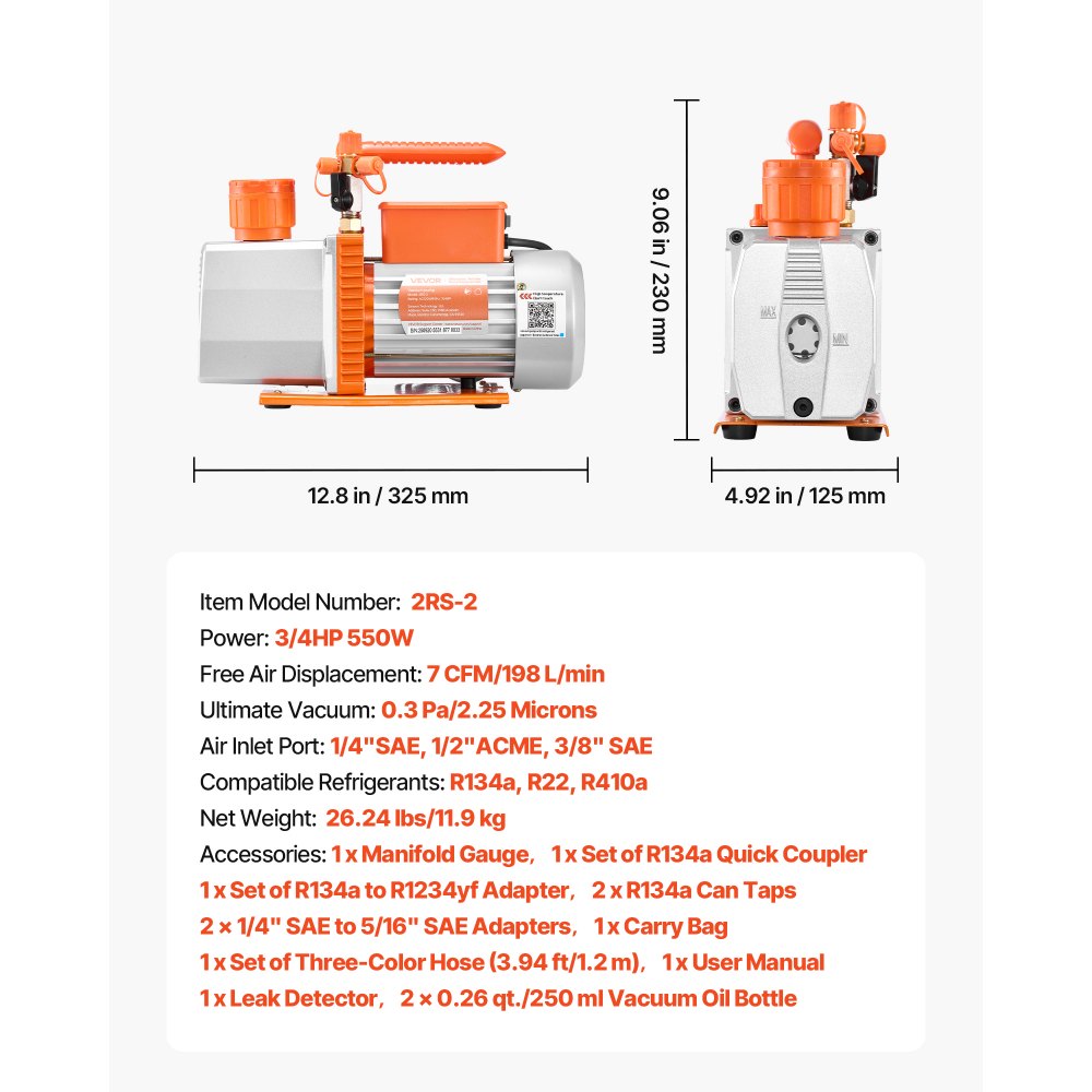 VEVOR AC Vacuum Pump and Gauge Set, 7 CFM 3/4 HP, Two Stage Rotary Vane HVAC Vacuum Pump, A/C Manifold Gauge Kit, for R134a R22 R410a, with Leak Detector Carry Bag Hose, for Auto HVAC Air Conditioning
