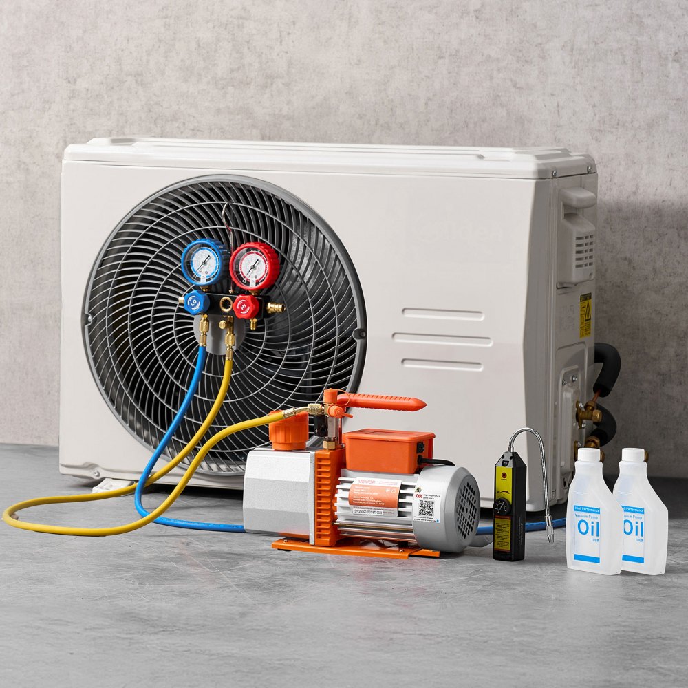 VEVOR AC Vacuum Pump and Gauge Set, 7 CFM 3/4 HP, Two Stage Rotary Vane HVAC Vacuum Pump, A/C Manifold Gauge Kit, for R134a R22 R410a, with Leak Detector Carry Bag Hose, for Auto HVAC Air Conditioning