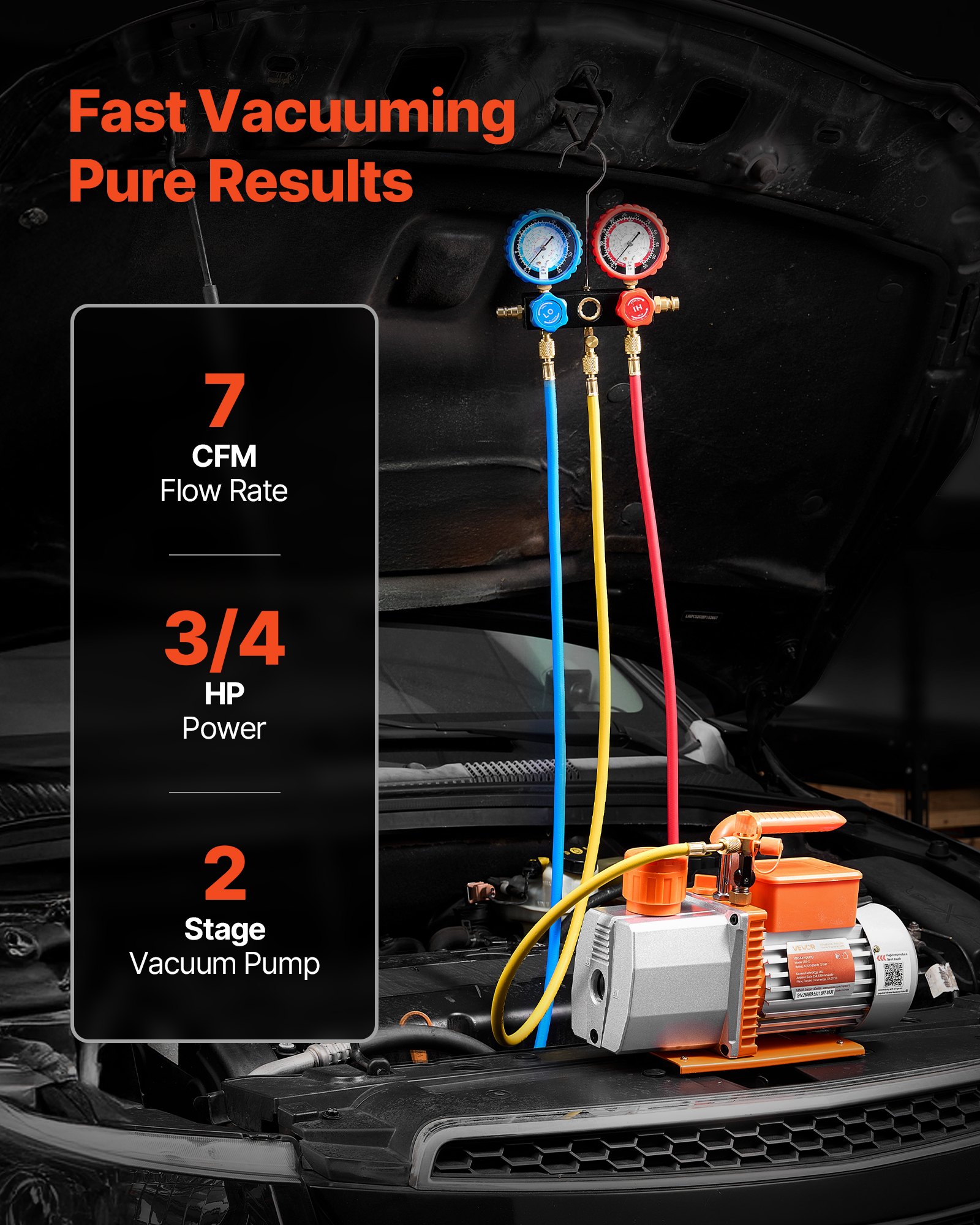 VEVOR AC Vacuum Pump and Gauge Set, 7 CFM 3/4 HP, Two Stage Rotary Vane HVAC Vacuum Pump, A/C Manifold Gauge Kit, for R134a R22 R410a, with Leak Detector Carry Bag Hose, for Auto HVAC Air Conditioning