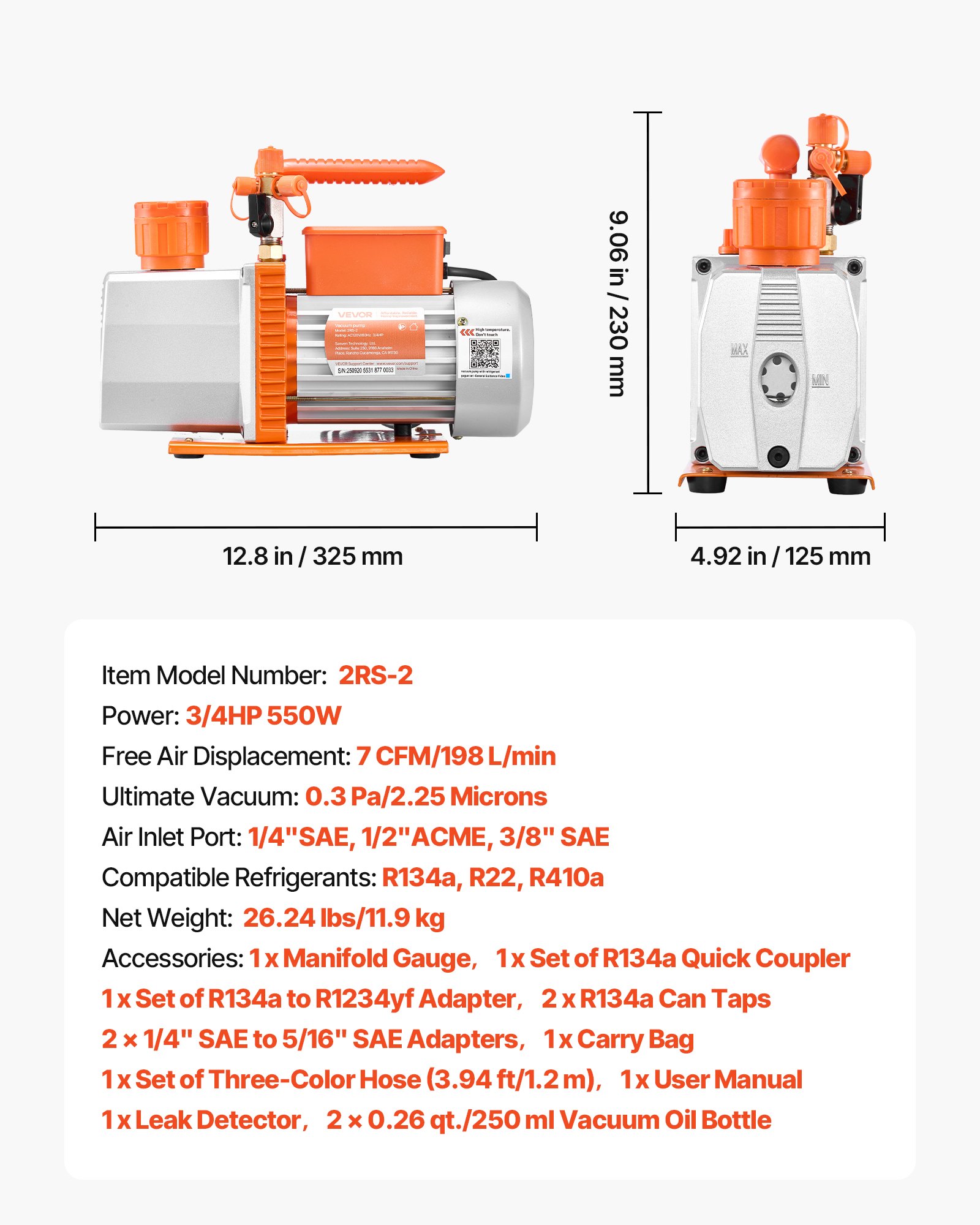 VEVOR AC Vacuum Pump and Gauge Set, 7 CFM 3/4 HP, Two Stage Rotary Vane HVAC Vacuum Pump, A/C Manifold Gauge Kit, for R134a R22 R410a, with Leak Detector Carry Bag Hose, for Auto HVAC Air Conditioning