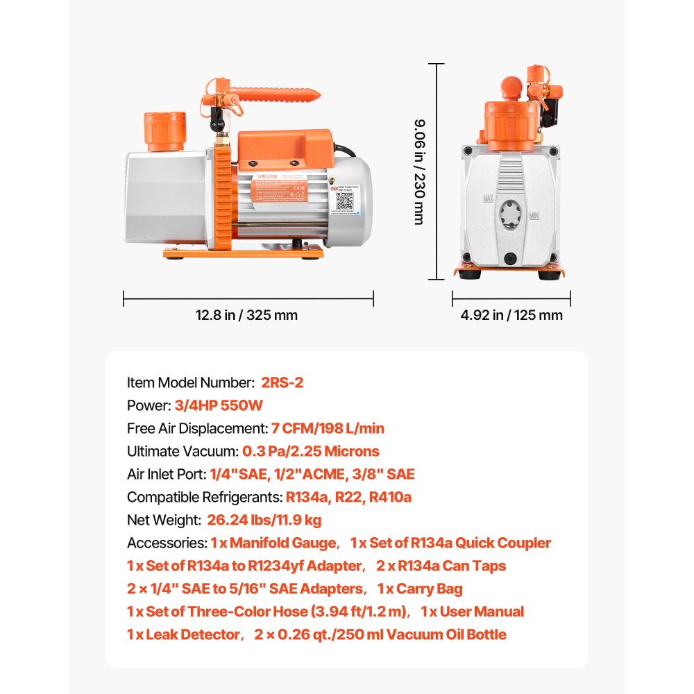 VEVOR AC Vacuum Pump and Gauge Set, 7 CFM 198 L/min, Two Stage Rotary Vane HVAC Vacuum Pump, A/C Manifold Gauge Kit, for R134a R22 R410a, with Leak Detector Carry Bag, for Auto HVAC Air Conditioning