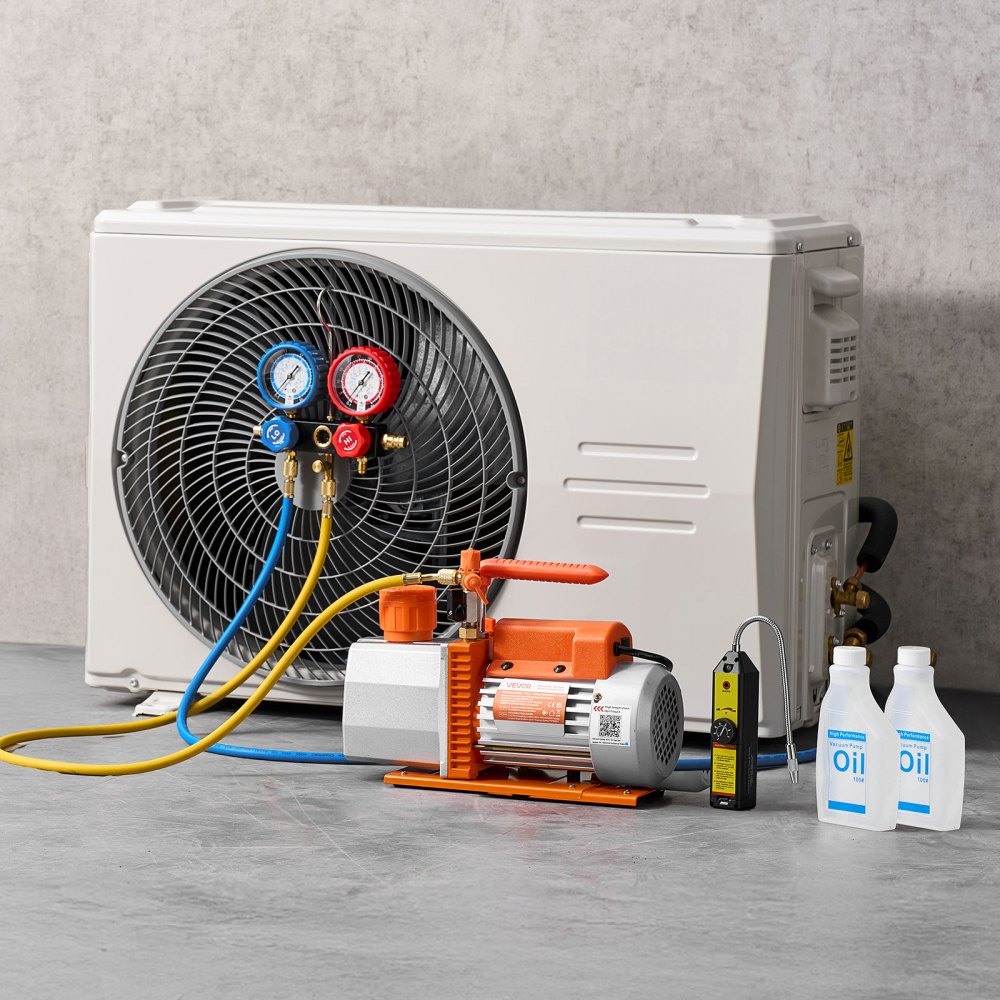 VEVOR AC Vacuum Pump and Gauge Set, 7 CFM 198 L/min, Two Stage Rotary Vane HVAC Vacuum Pump, A/C Manifold Gauge Kit, for R134a R22 R410a, with Leak Detector Carry Bag, for Auto HVAC Air Conditioning