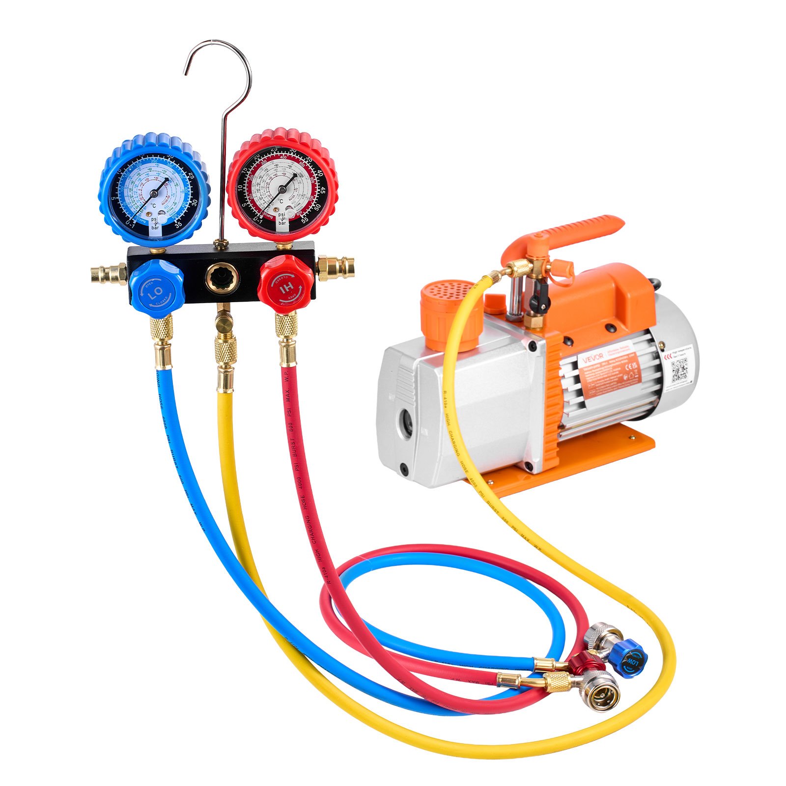 VEVOR AC Vacuum Pump and Gauge Set, 7 CFM 198 L/min, Two Stage Rotary Vane HVAC Vacuum Pump, A/C Manifold Gauge Kit, for R134a R22 R410a, with Leak Detector Carry Bag, for Auto HVAC Air Conditioning