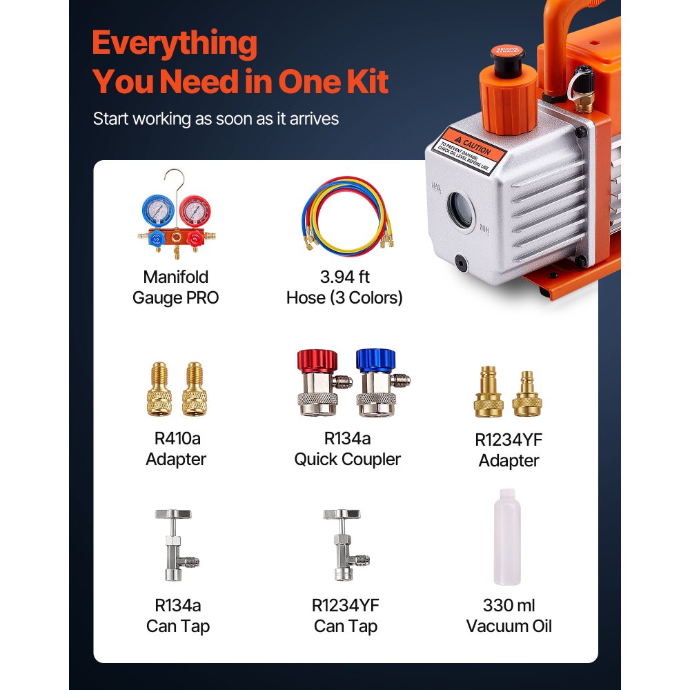 VEVOR 115 L/min AC Vacuum Pump and Gauge Set, Single Stage, Rotary Vane HVAC Air Vacuum Pump, A/C Refrigerant Manifold Gauge Kit, with Leak Detector, Carry Bag, for R134a R22 R410a R1234YF Refrigerant