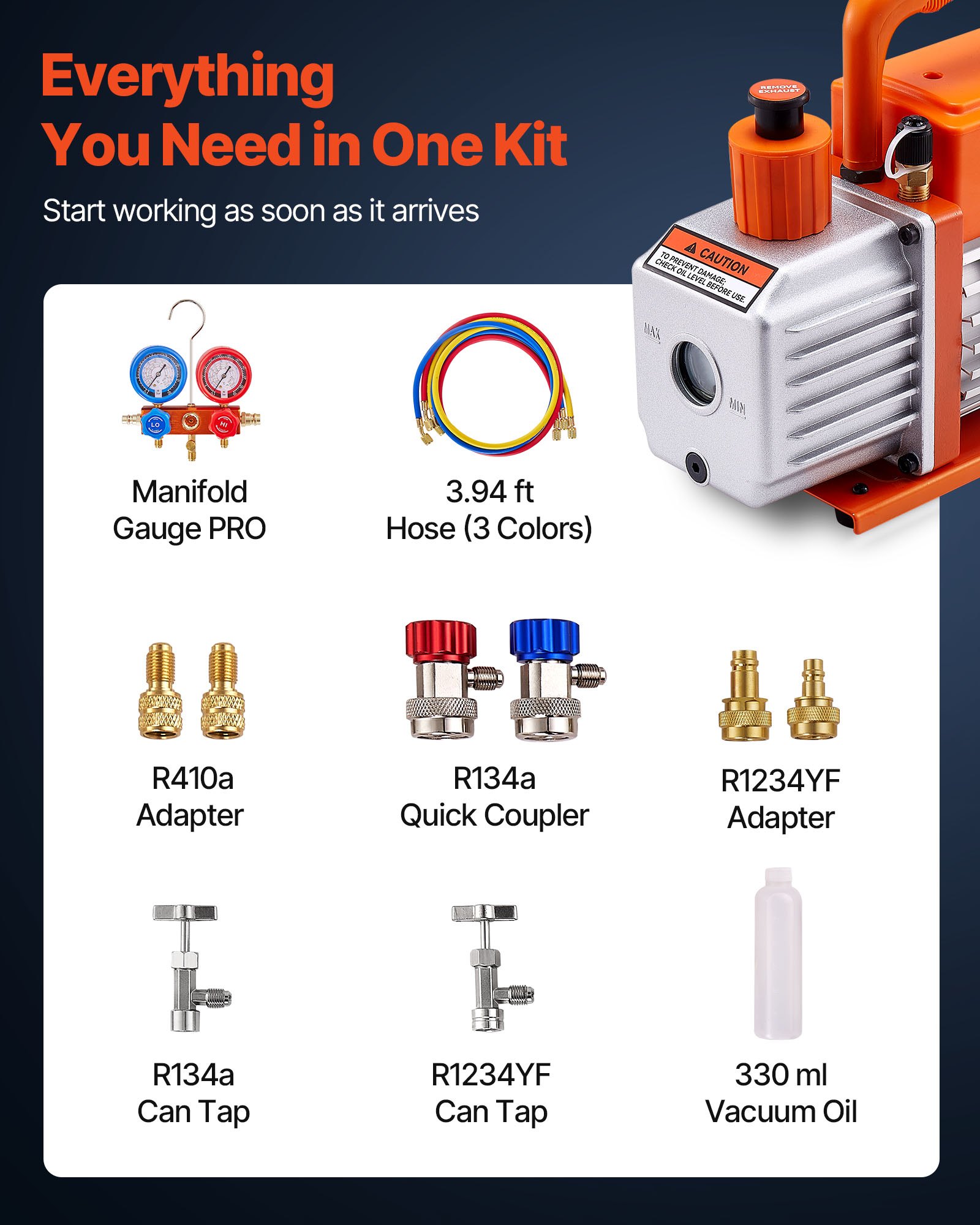 VEVOR 115 L/min AC Vacuum Pump and Gauge Set, Single Stage, Rotary Vane HVAC Air Vacuum Pump, A/C Refrigerant Manifold Gauge Kit, with Leak Detector, Carry Bag, for R134a R22 R410a R1234YF Refrigerant