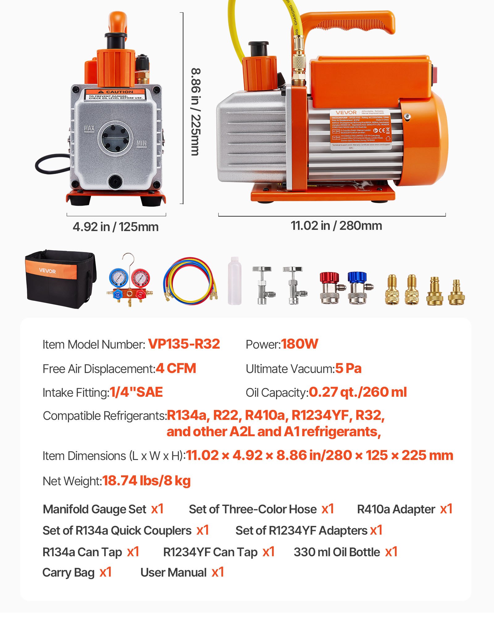 VEVOR 115 L/min AC Vacuum Pump and Gauge Set, Single Stage, Rotary Vane HVAC Air Vacuum Pump, A/C Refrigerant Manifold Gauge Kit, with Leak Detector, Carry Bag, for R134a R22 R410a R1234YF Refrigerant