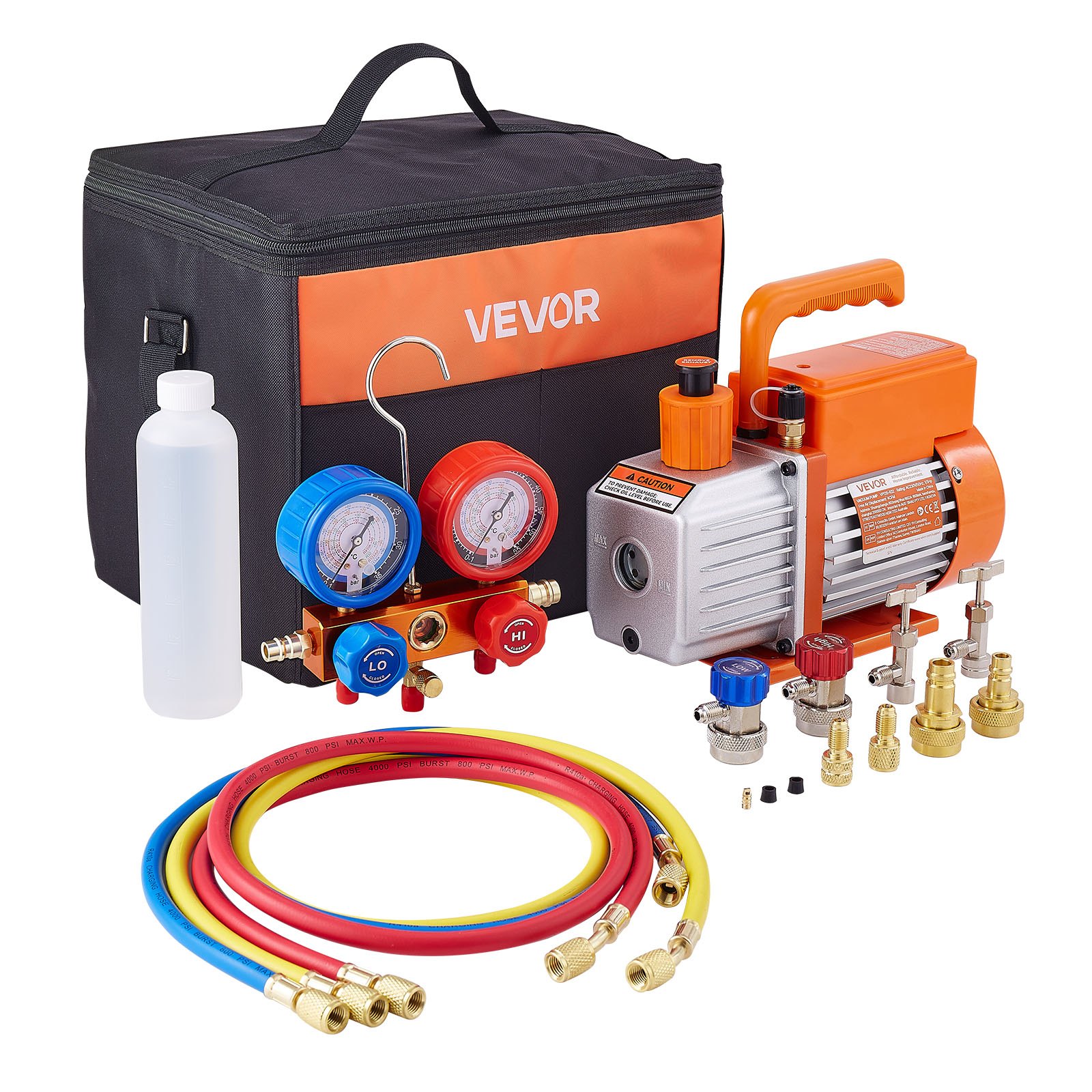 VEVOR 115 L/min AC Vacuum Pump and Gauge Set, Single Stage, Rotary Vane HVAC Air Vacuum Pump, A/C Refrigerant Manifold Gauge Kit, with Leak Detector, Carry Bag, for R134a R22 R410a R1234YF Refrigerant