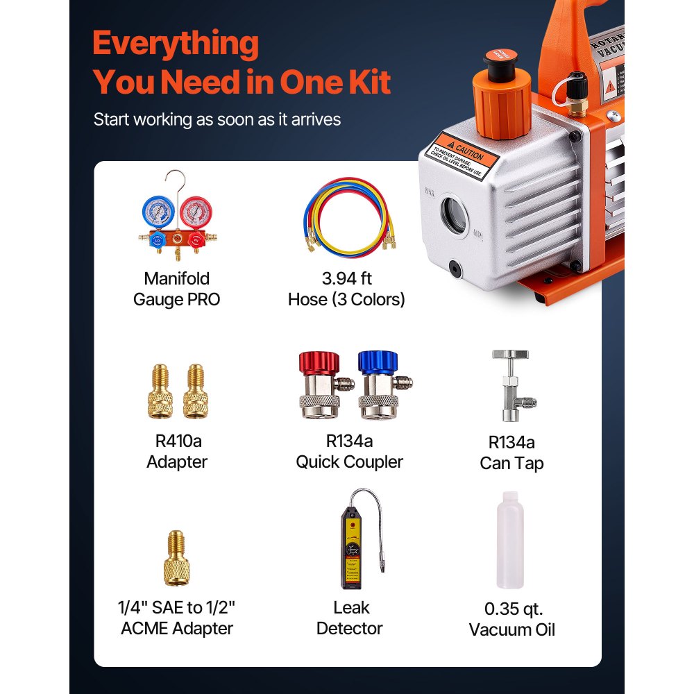 VEVOR 4 CFM AC Vacuum Pump and Gauge Set, 1/3 HP, Single Stage Rotary Vane HVAC Air Vacuum Pump, A/C Refrigerant Manifold Gauge Kit, with Leak Detector, Carry Bag, for R134a R22 R410a Refrigerants