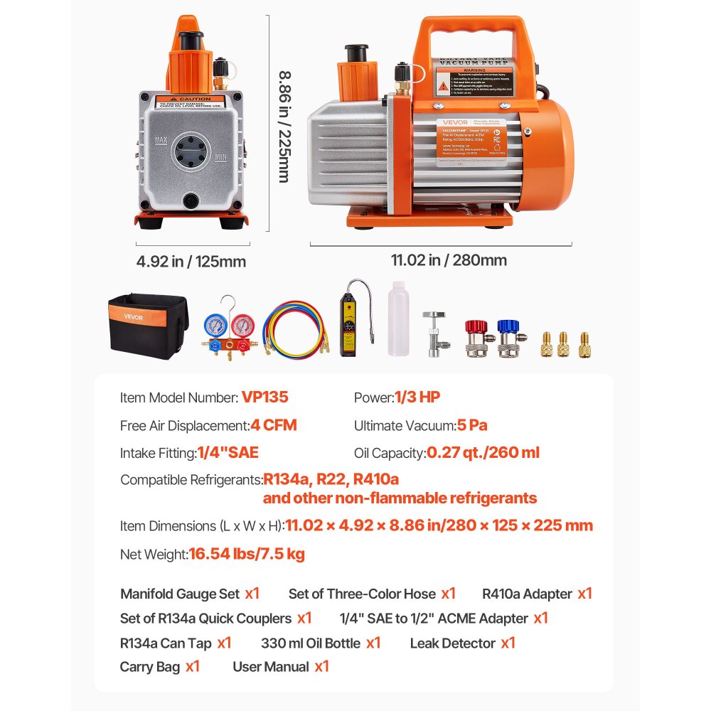 VEVOR 4 CFM AC Vacuum Pump and Gauge Set, 1/3 HP, Single Stage Rotary Vane HVAC Air Vacuum Pump, A/C Refrigerant Manifold Gauge Kit, with Leak Detector, Carry Bag, for R134a R22 R410a Refrigerants