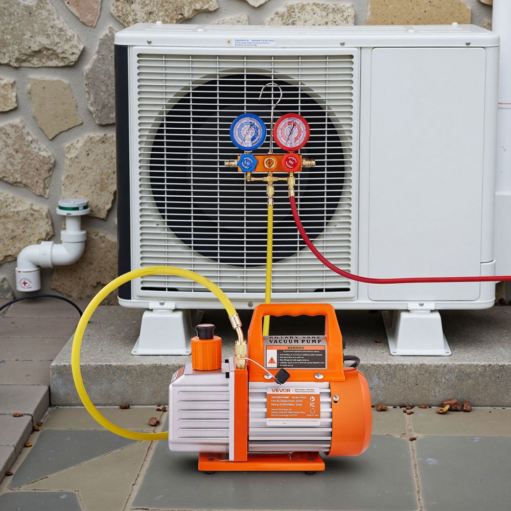 VEVOR 4 CFM AC Vacuum Pump and Gauge Set, 1/3 HP, Single Stage Rotary Vane HVAC Air Vacuum Pump, A/C Refrigerant Manifold Gauge Kit, with Leak Detector, Carry Bag, for R134a R22 R410a Refrigerants