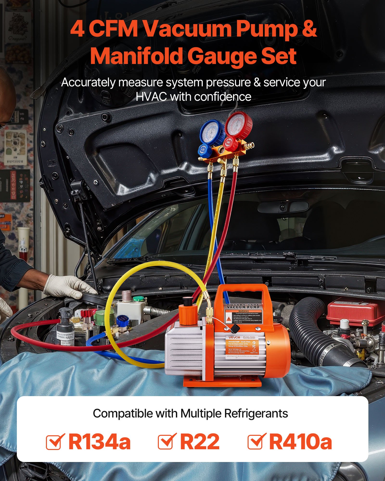 VEVOR 4 CFM AC Vacuum Pump and Gauge Set, 1/3 HP, Single Stage Rotary Vane HVAC Air Vacuum Pump, A/C Refrigerant Manifold Gauge Kit, with Leak Detector, Carry Bag, for R134a R22 R410a Refrigerants