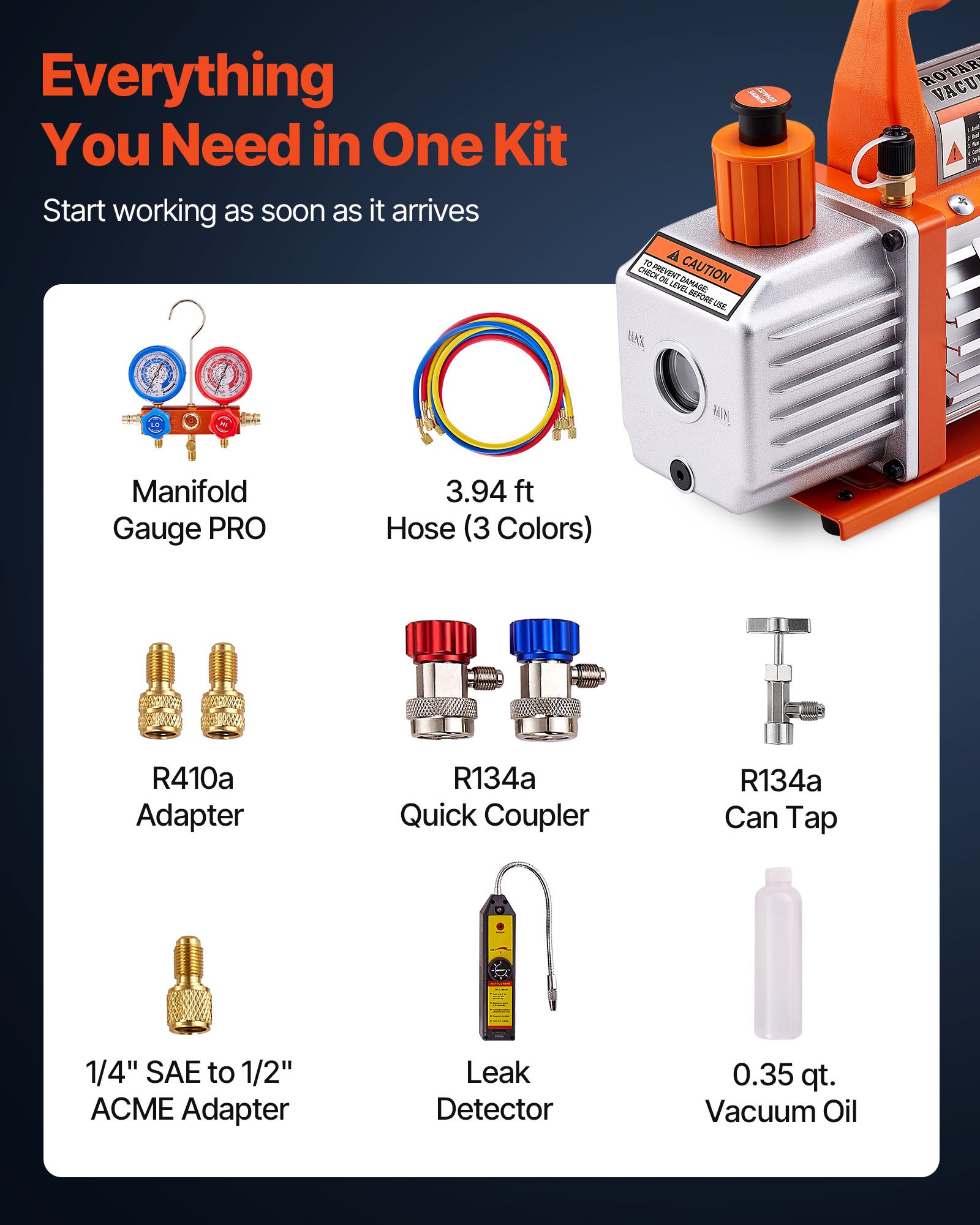 VEVOR 4 CFM AC Vacuum Pump and Gauge Set, 1/3 HP, Single Stage Rotary Vane HVAC Air Vacuum Pump, A/C Refrigerant Manifold Gauge Kit, with Leak Detector, Carry Bag, for R134a R22 R410a Refrigerants