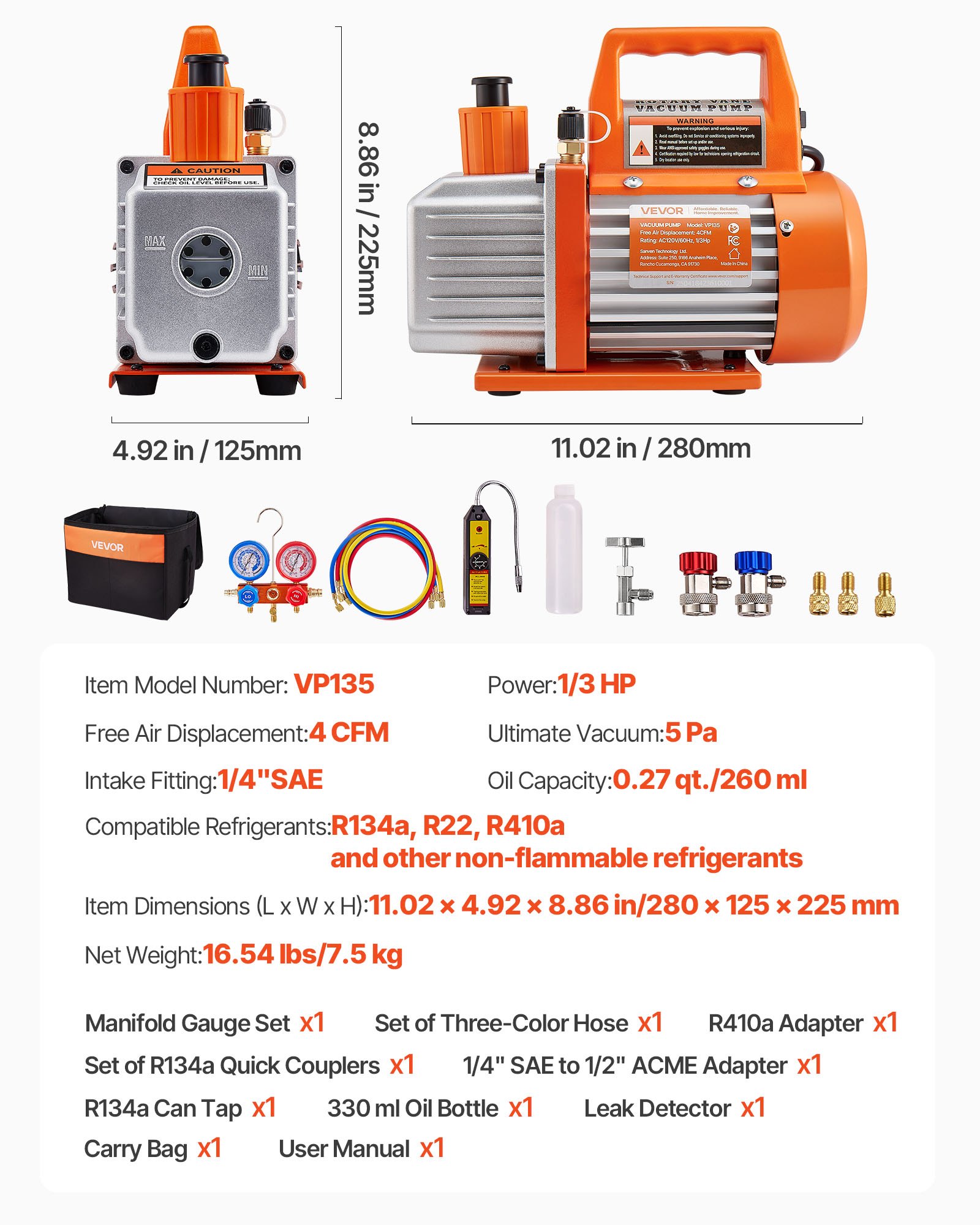 VEVOR 4 CFM AC Vacuum Pump and Gauge Set, 1/3 HP, Single Stage Rotary Vane HVAC Air Vacuum Pump, A/C Refrigerant Manifold Gauge Kit, with Leak Detector, Carry Bag, for R134a R22 R410a Refrigerants