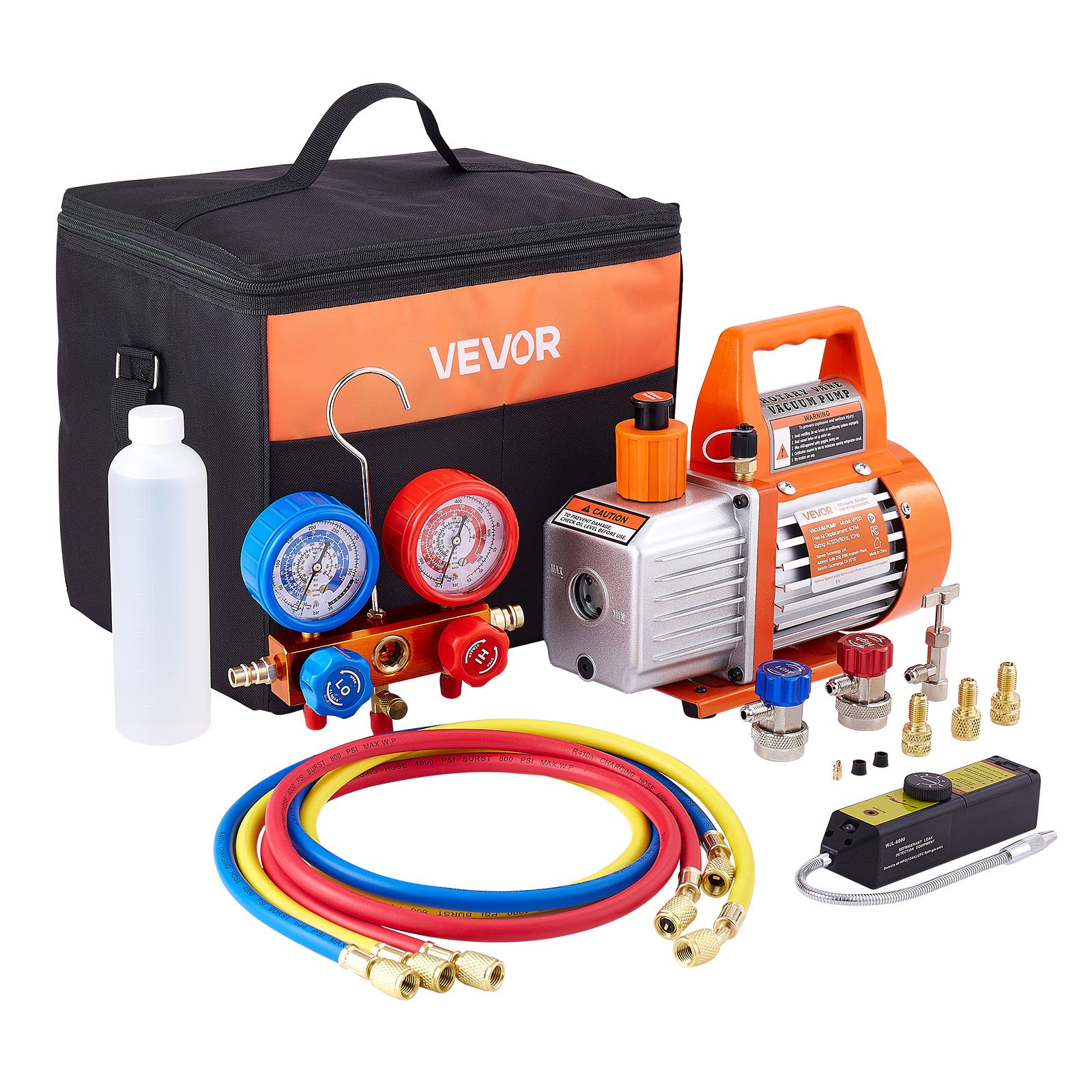 VEVOR 4 CFM AC Vacuum Pump and Gauge Set, 1/3 HP, Single Stage Rotary Vane HVAC Air Vacuum Pump, A/C Refrigerant Manifold Gauge Kit, with Leak Detector, Carry Bag, for R134a R22 R410a Refrigerants