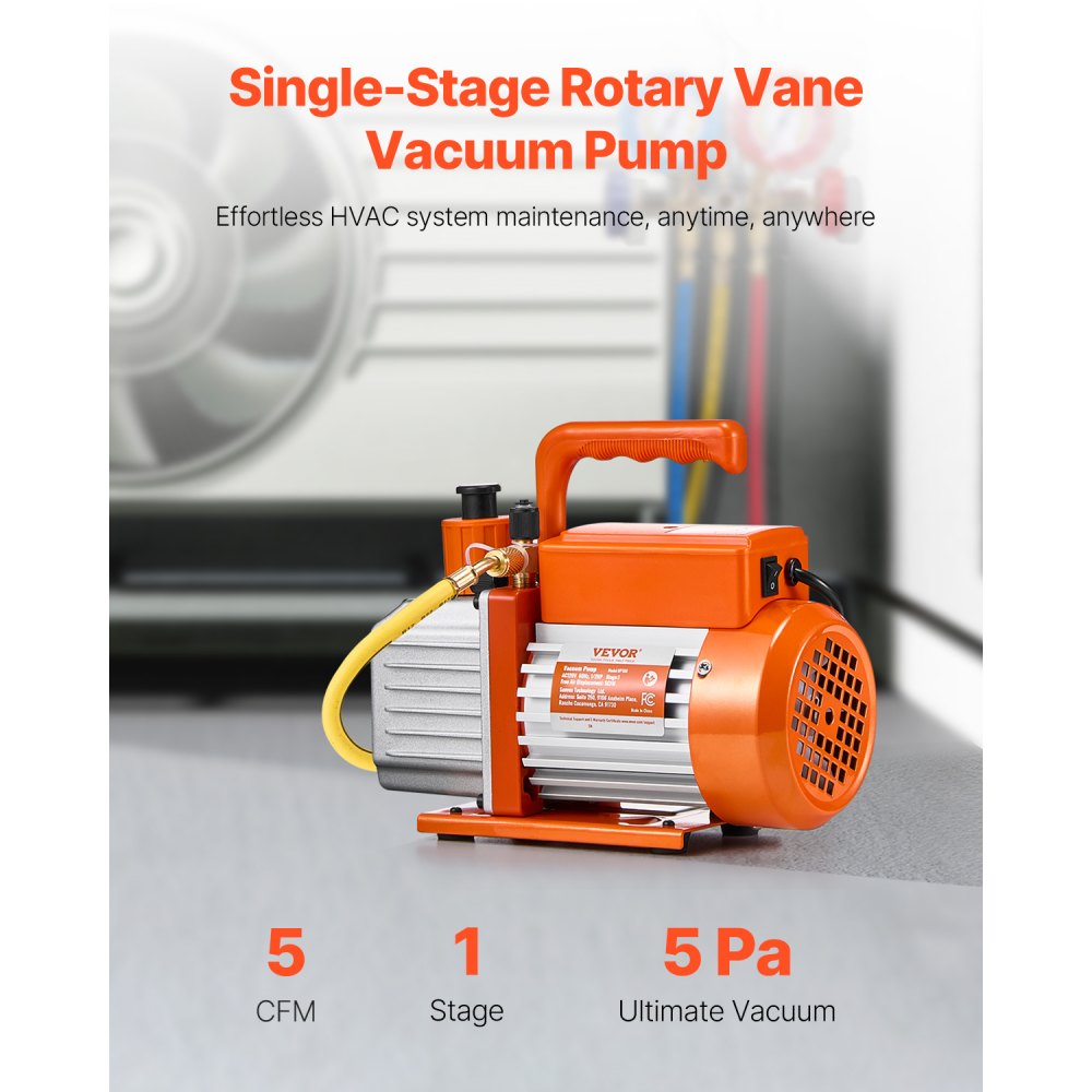 VEVOR Vacuum Pump, 141 L/min(5 CFM), HVAC Single Stage Rotary Vane Vacuum Pump, for R134a R22 R410a Systems, Auto AC Vacuum Pump Kit with Oil Bottle, for Automotive Air Conditioner Maintenance Resin Degassing
