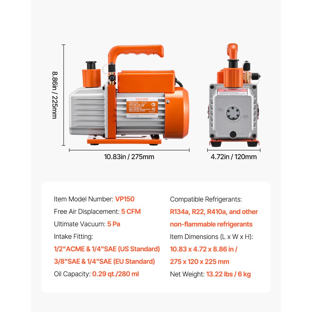 VEVOR Vacuum Pump, 141 L/min(5 CFM), HVAC Single Stage Rotary Vane Vacuum Pump, for R134a R22 R410a Systems, Auto AC Vacuum Pump Kit with Oil Bottle, for Automotive Air Conditioner Maintenance Resin Degassing