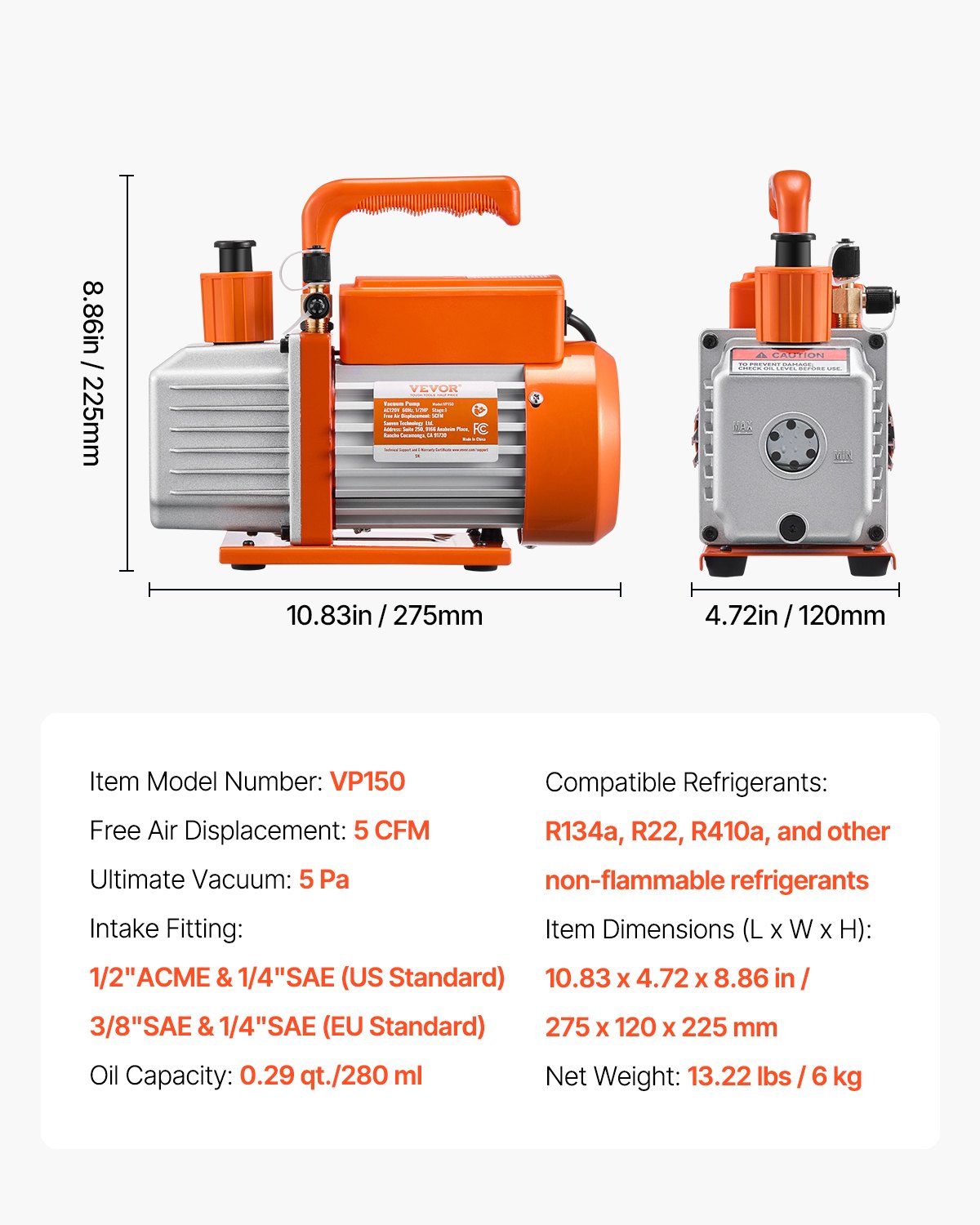 VEVOR Vacuum Pump, 141 L/min(5 CFM), HVAC Single Stage Rotary Vane Vacuum Pump, for R134a R22 R410a Systems, Auto AC Vacuum Pump Kit with Oil Bottle, for Automotive Air Conditioner Maintenance Resin Degassing