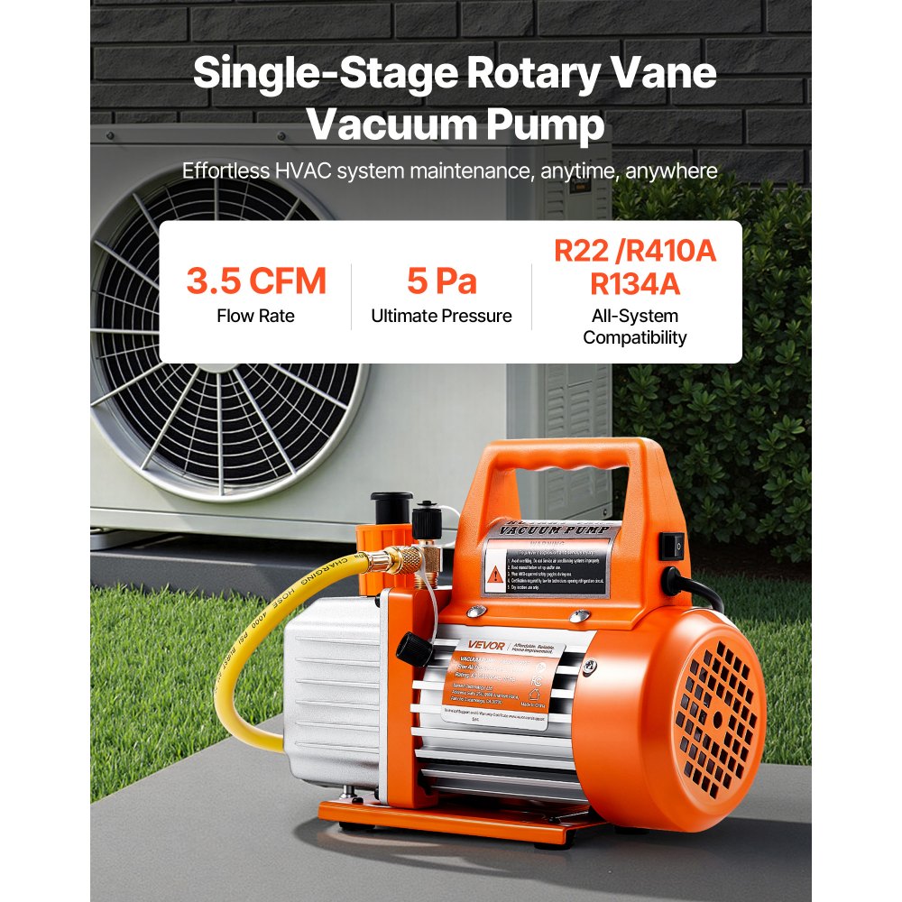 VEVOR Vacuum Pump, 100 L/min, HVAC Single Stage Rotary Vane AC Vacuum Pump, for R134a R22 R410a Systems, with Oil Bottle, 4 Pole Motor, 5 Pa, for Automotive Air Conditioner Maintenance Resin Degassing