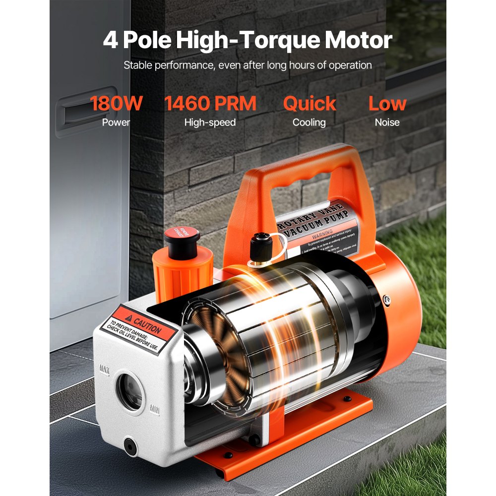 VEVOR Vacuum Pump, 100 L/min, HVAC Single Stage Rotary Vane AC Vacuum Pump, for R134a R22 R410a Systems, with Oil Bottle, 4 Pole Motor, 5 Pa, for Automotive Air Conditioner Maintenance Resin Degassing