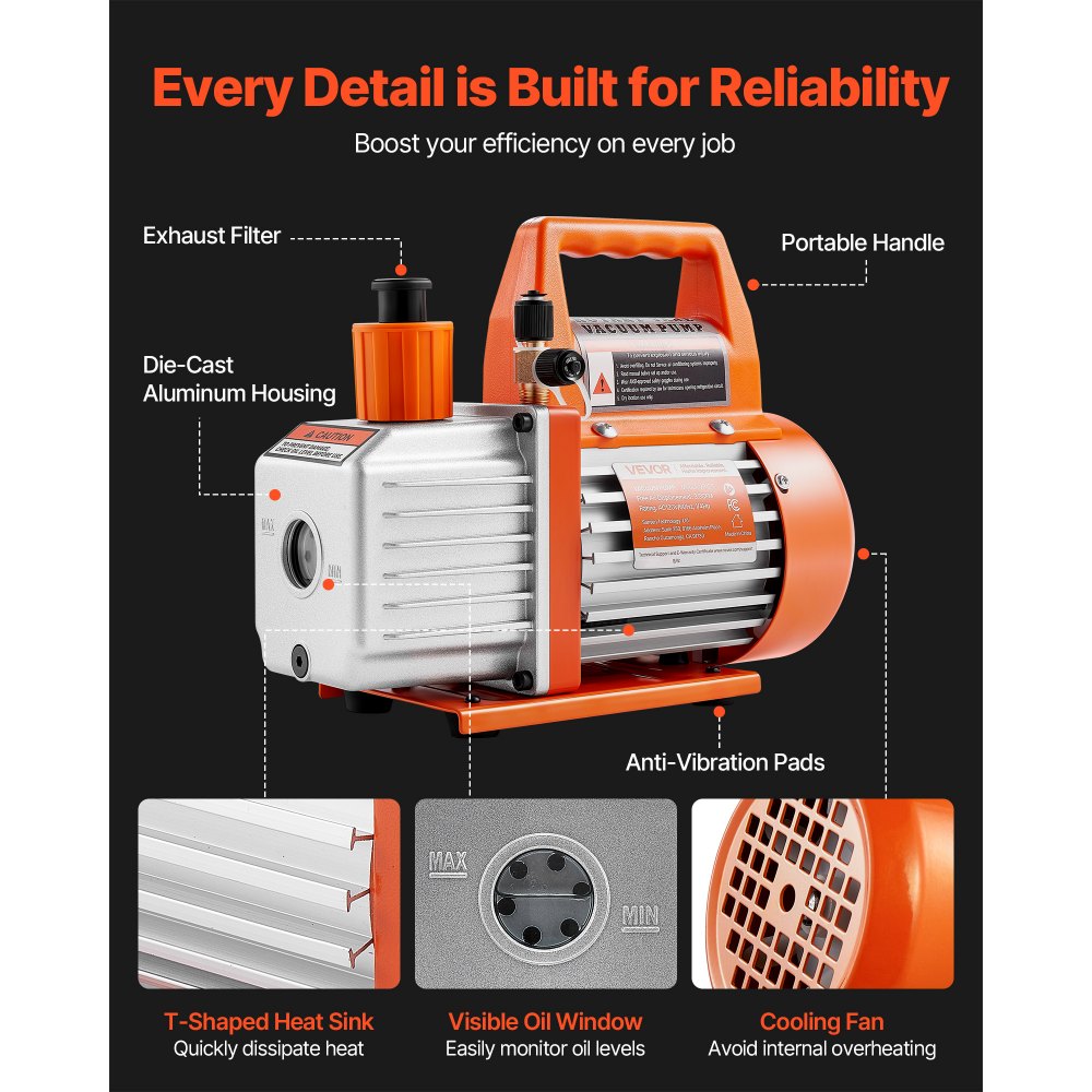 VEVOR Vacuum Pump, 100 L/min, HVAC Single Stage Rotary Vane AC Vacuum Pump, for R134a R22 R410a Systems, with Oil Bottle, 4 Pole Motor, 5 Pa, for Automotive Air Conditioner Maintenance Resin Degassing