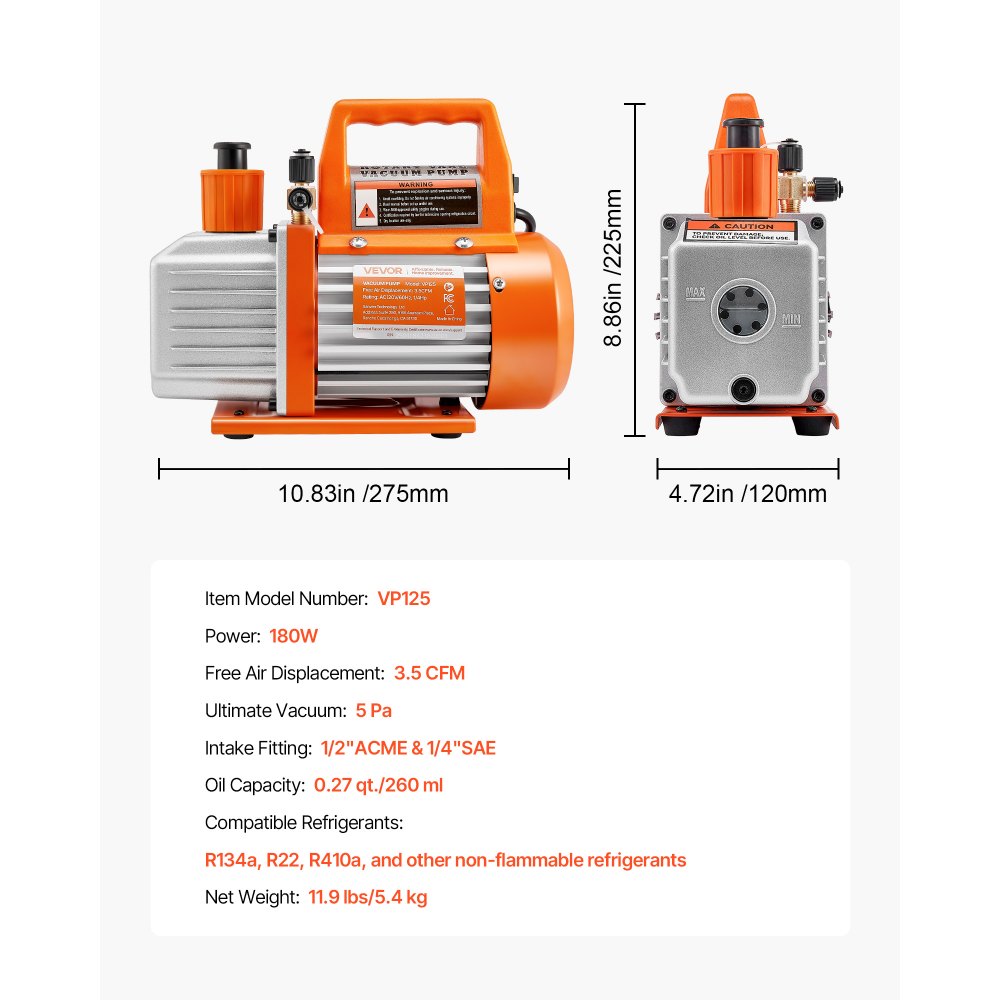 VEVOR Vacuum Pump, 100 L/min, HVAC Single Stage Rotary Vane AC Vacuum Pump, for R134a R22 R410a Systems, with Oil Bottle, 4 Pole Motor, 5 Pa, for Automotive Air Conditioner Maintenance Resin Degassing